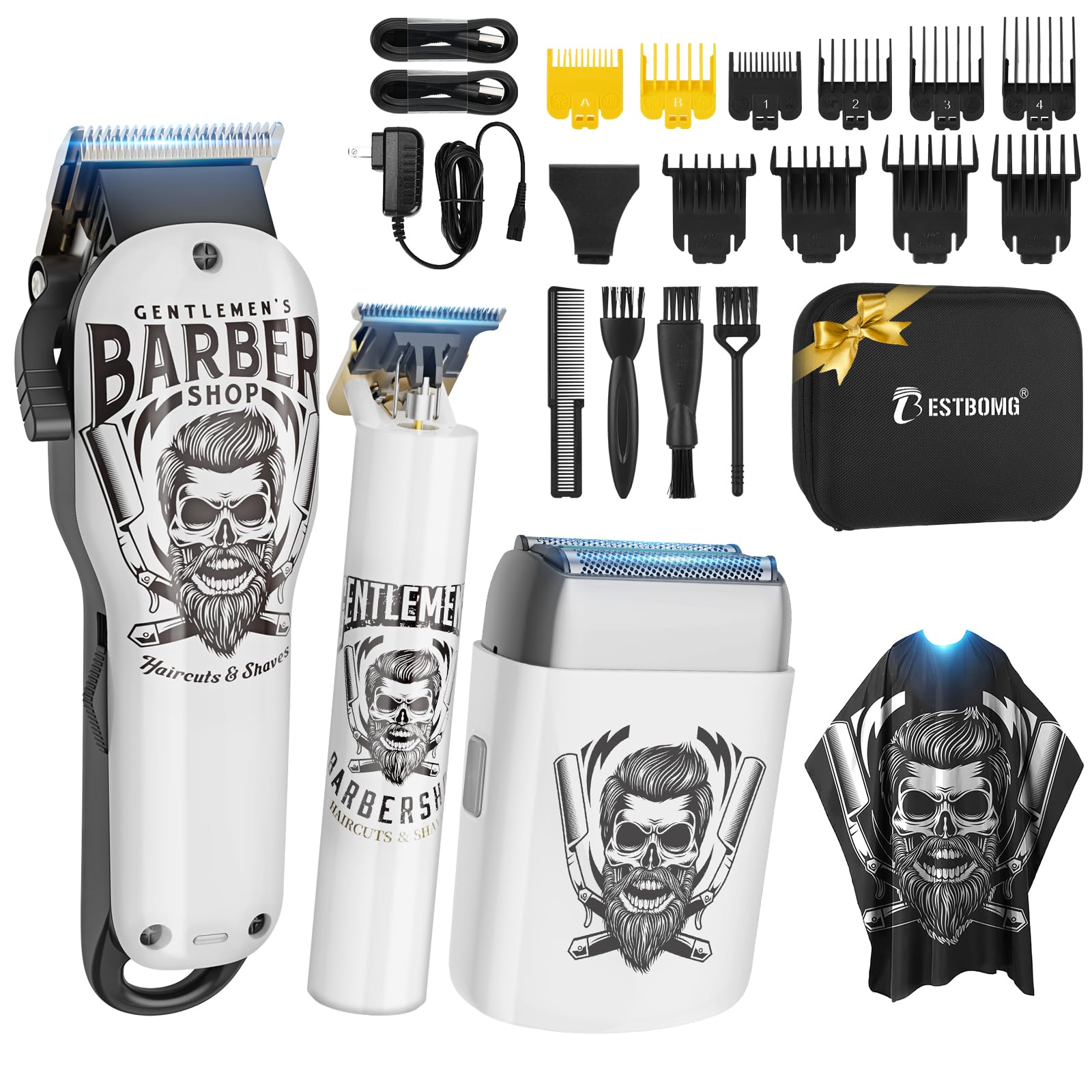 BESTBOMG Maquina Cortar Pelo Profesional, Maquina Barbero Hombre & Máquina de Afeitar Eléctrica, Cortapelos Kit con 10 Peine Guía, Cortadora de Pelo Recortadora con Capa de Barbero (White)