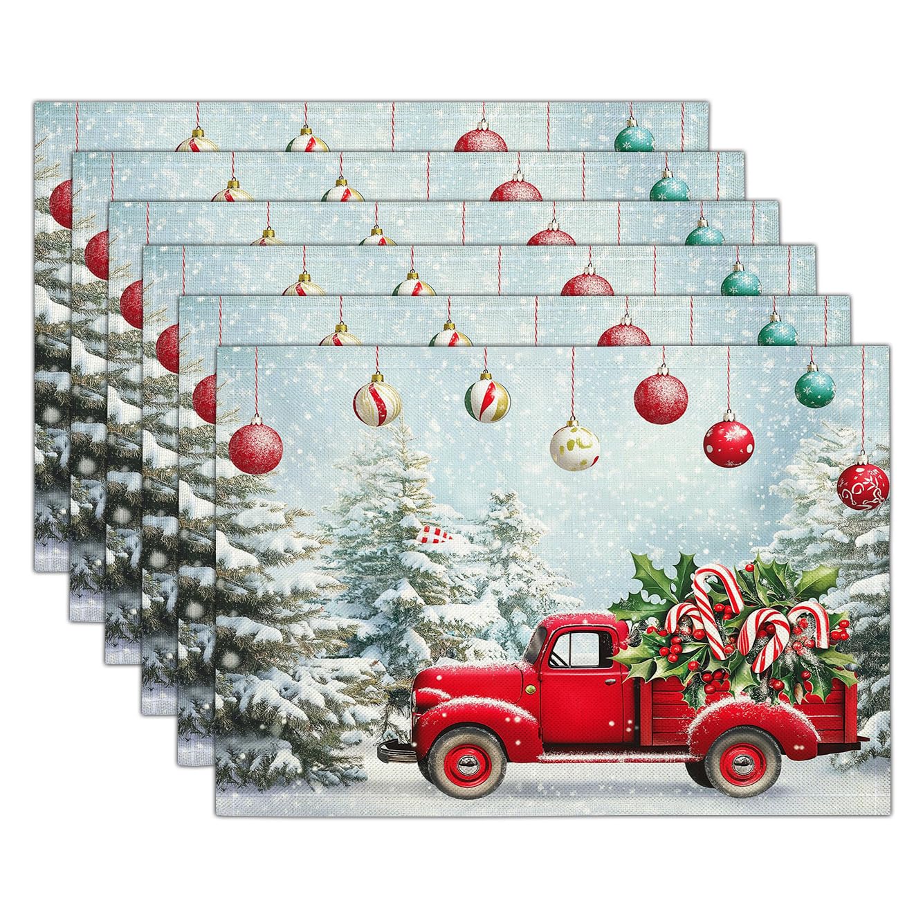 Set de table Noël en lin lavable 30x45cm avec motif camion rouge (lot de 8)