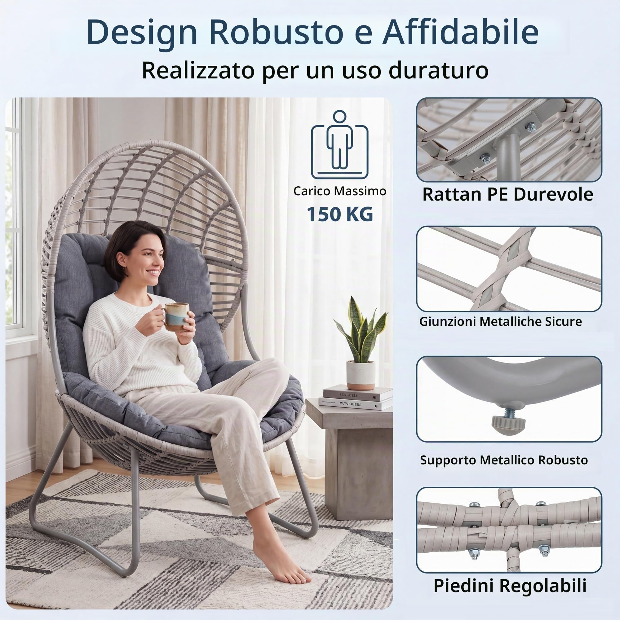 LIFEZEAL Poltrona da Esterno in Rattan PE, Poltrona a Forma di Uovo con Cuscino Rimovibile e Piedini Regolabili, Design Ergonomico, Sedia per Interno, Giardino, Balcone, 98 x 88,5 x 137,5 cm