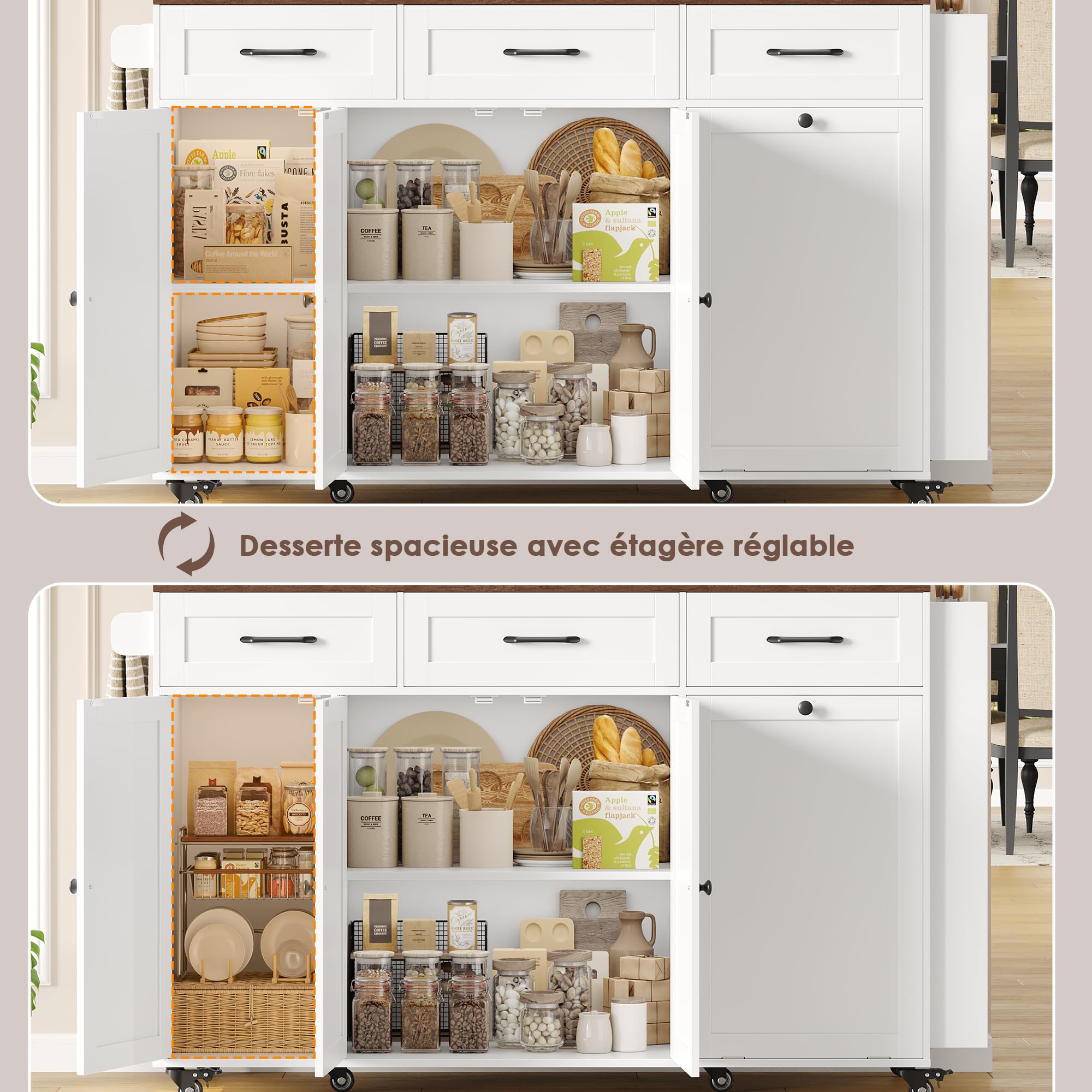 FirFurd Ilot Central Cuisine avec Rangement et Prise/USB, Meuble Cuisine avec Plan de Travail Pliable, Desserte îlot de Cuisine sur roulettes, Salles à Manger, sans Poubelle, 135x60x88cm Blanc
