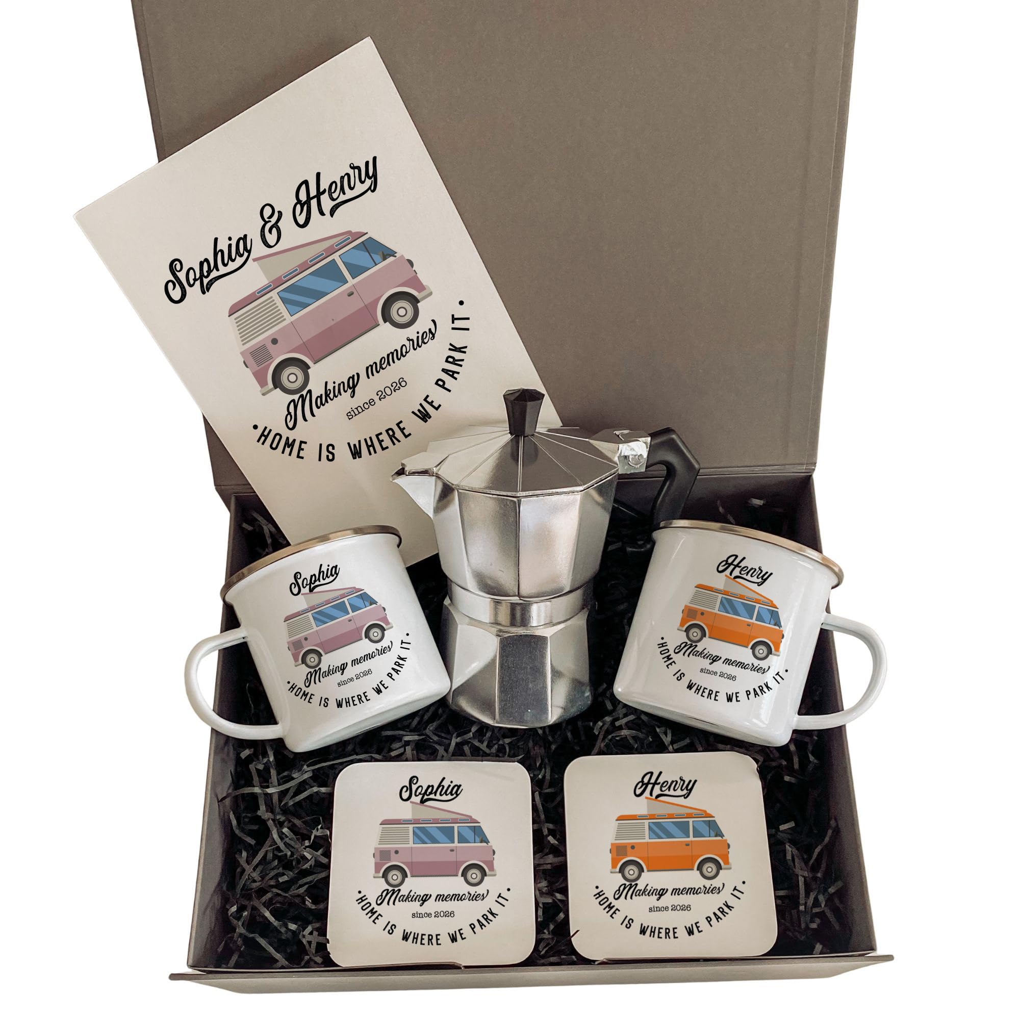 Pomchick - Personalised Campervan Enamel Camp Mug Set with Coffee Maker Coaster Card | Personalised Motorhome Gifts | His Hers Accessories Camping | Retro Caravan | Gift for Her Him