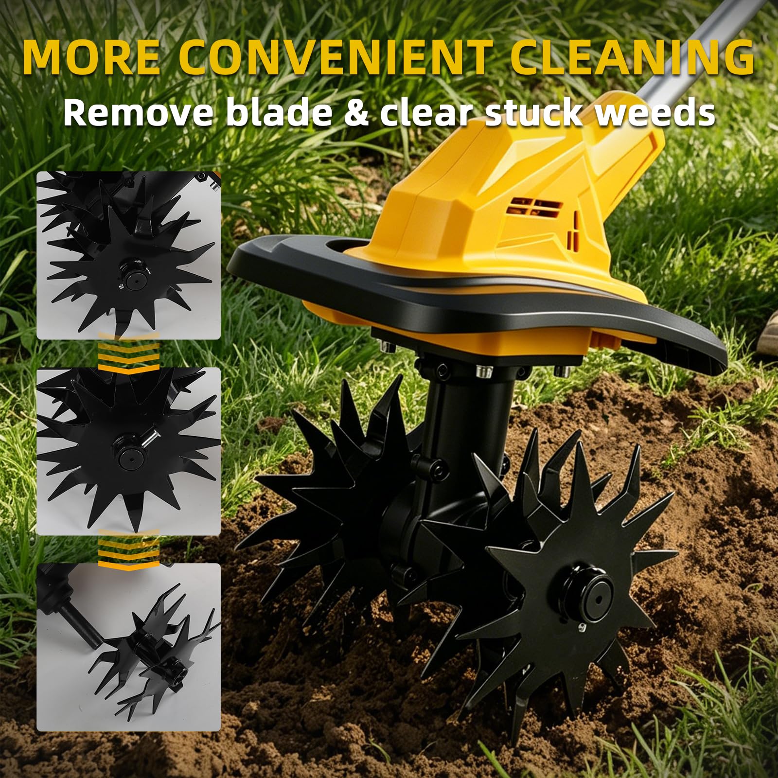 Baqueta de suelo con batería compatible con batería Dewalt de 20 V, plegable, con 22 cm de ancho de trabajo, 17 cm de profundidad de trabajo, sin escobillas, motoazada eléctrica para pequeños bancales