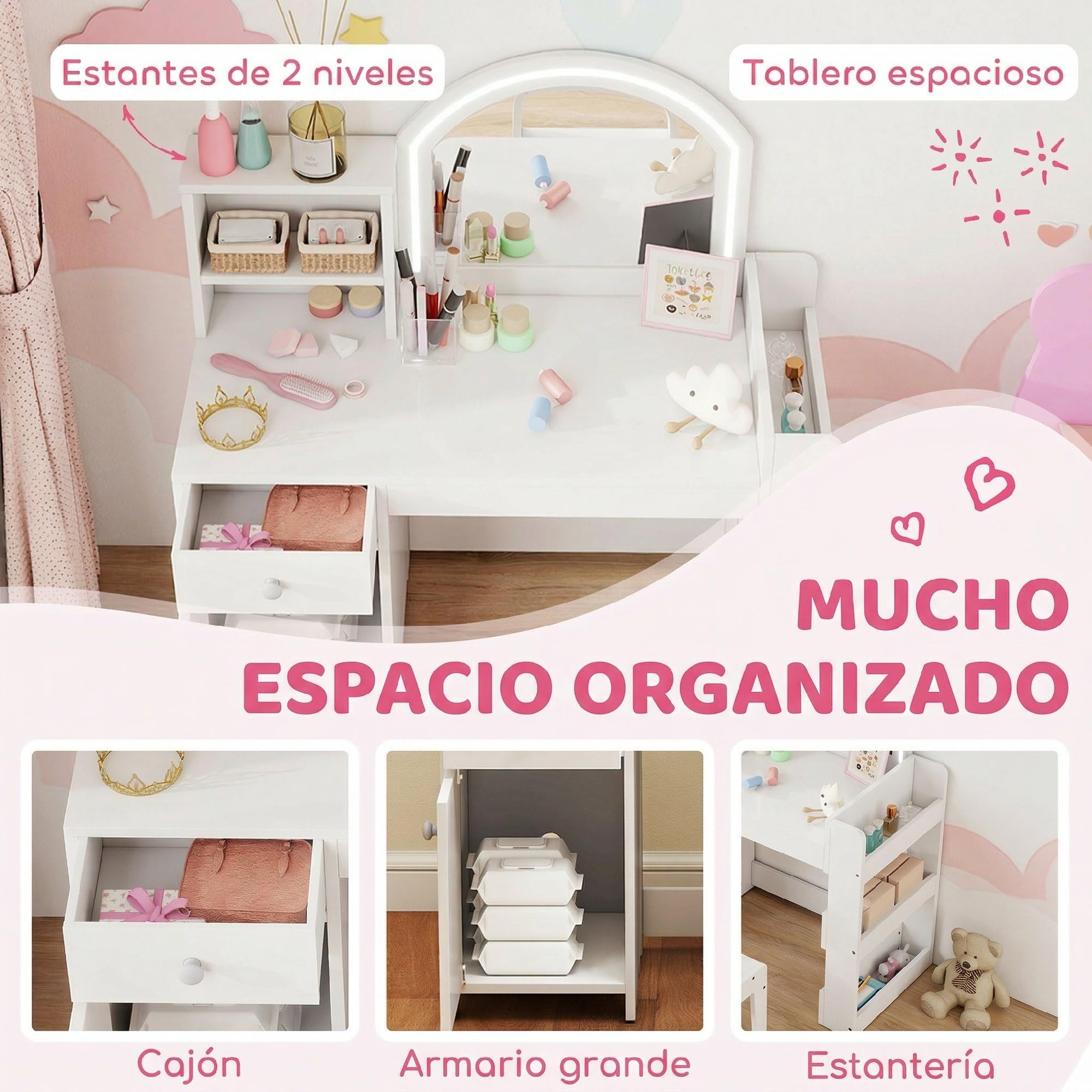AIYAPLAY Tocador de Maquillaje Niña, Tocador Infantil con Taburete y Espejo con Luces LED, 1 Cajón, Armario y 5 Estantes, para Niños de 3 a 8 Años, Blanco