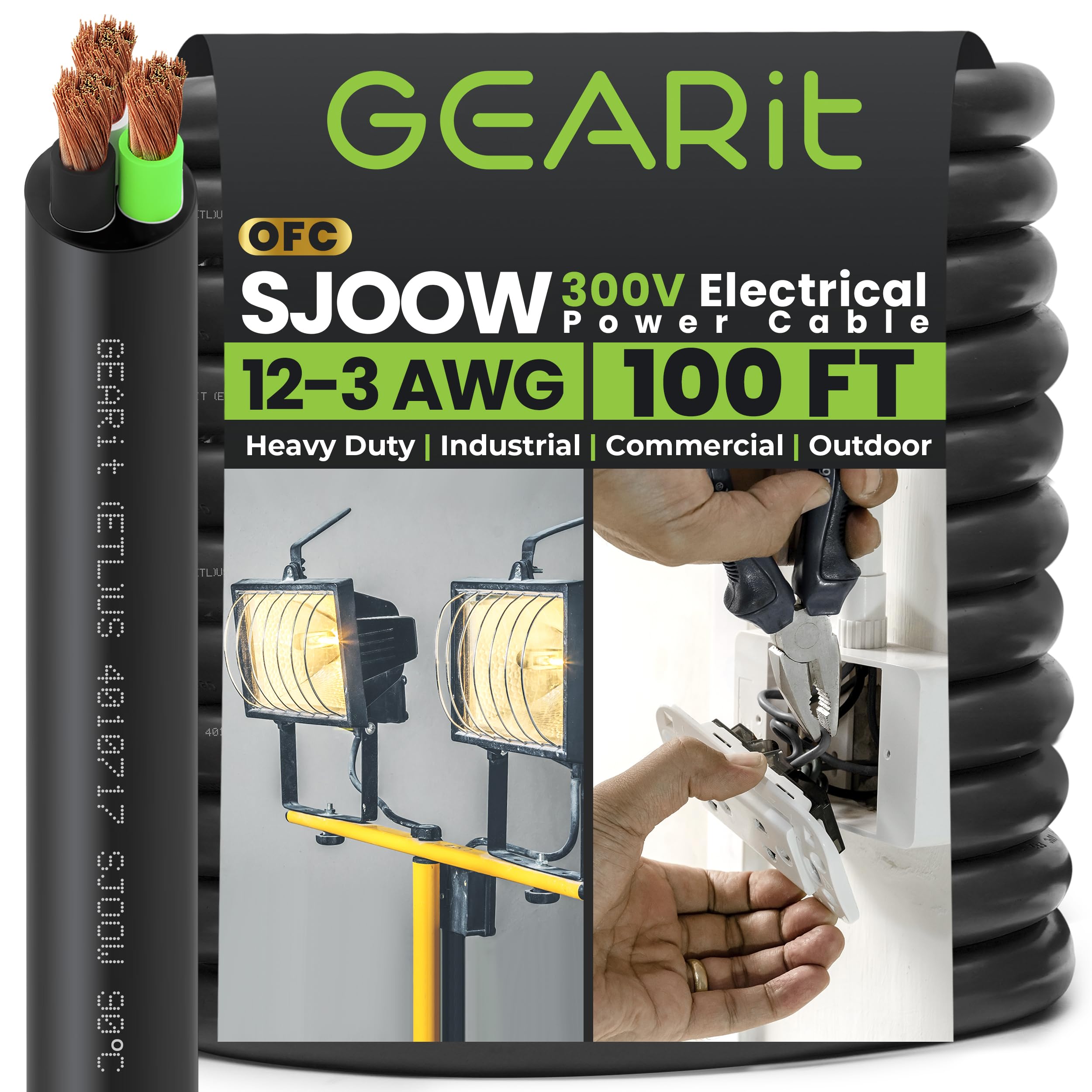 GEARit 12/3 12 AWG Portable Power Cable (100 Feet - 3 Conductor) SJOOW 300V 12 Gauge Electric Wire for Motor Leads, Portable Lights, Battery Charger,