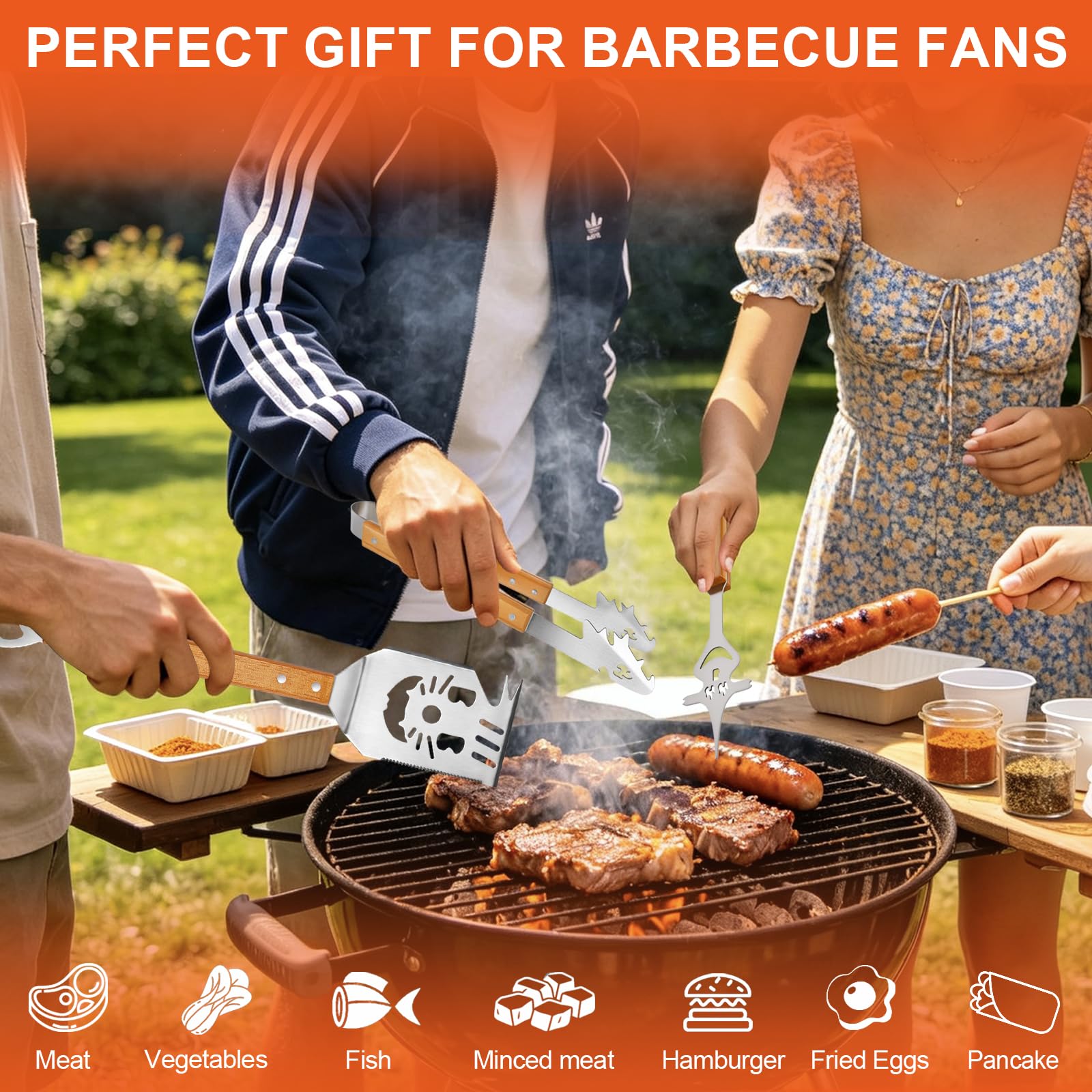 3 Pièces Kit Barbecue,Set Barbecue avec Sac de Transport,Ustensiles Barbecue Acier Inoxydable et Bois,Set Accessoires Barbecue pour Camping et Jardin,Cadeau Homme (Kit Barbecue 3 Pièces)