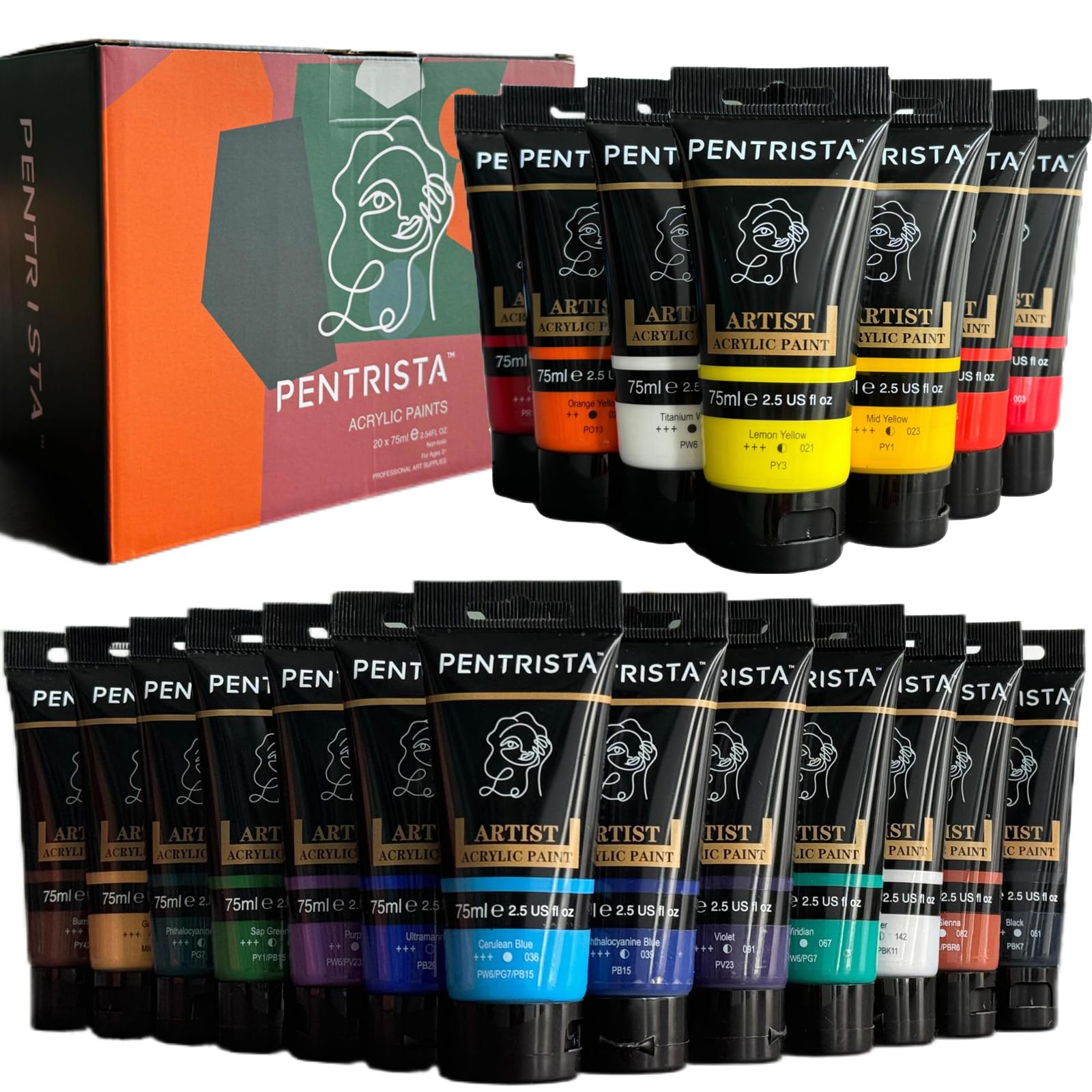 Set di Colori Acrilici Professionali, 20 Tubetti da 75ml | Pittura Acrilica per Dipingere, Colori Acrilici per Dipingere su Tela Colori Brillanti Resistenti Alla Luce, e Impermeabili