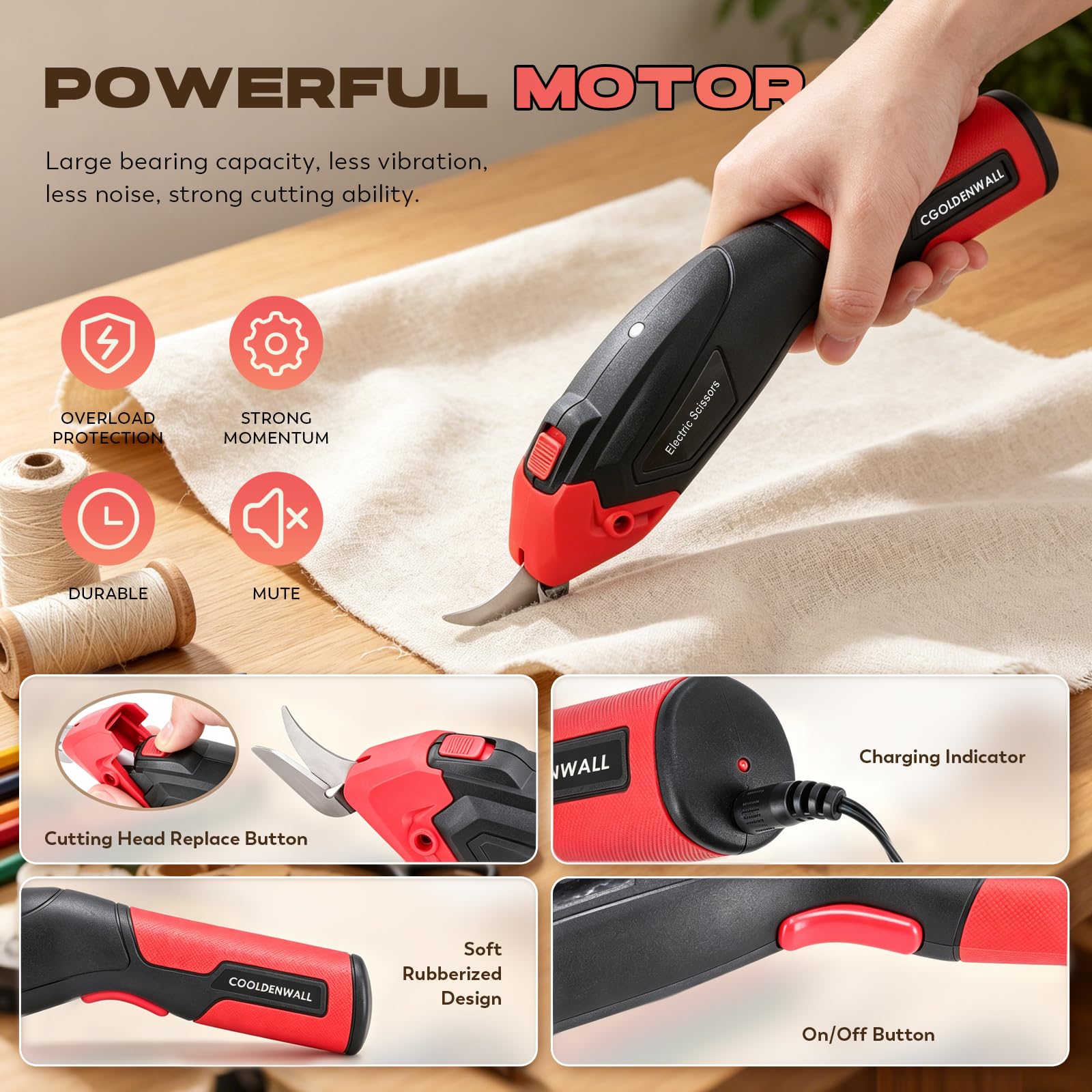 CGOLDENWALL Cortador Tela Electrico Inalambrico 4V, Cuero Papel Alfombra | Recargable, 2 Cuchillas Repuesto, Max 6mm, Enfriamiento, 330g Ligero, Rojo