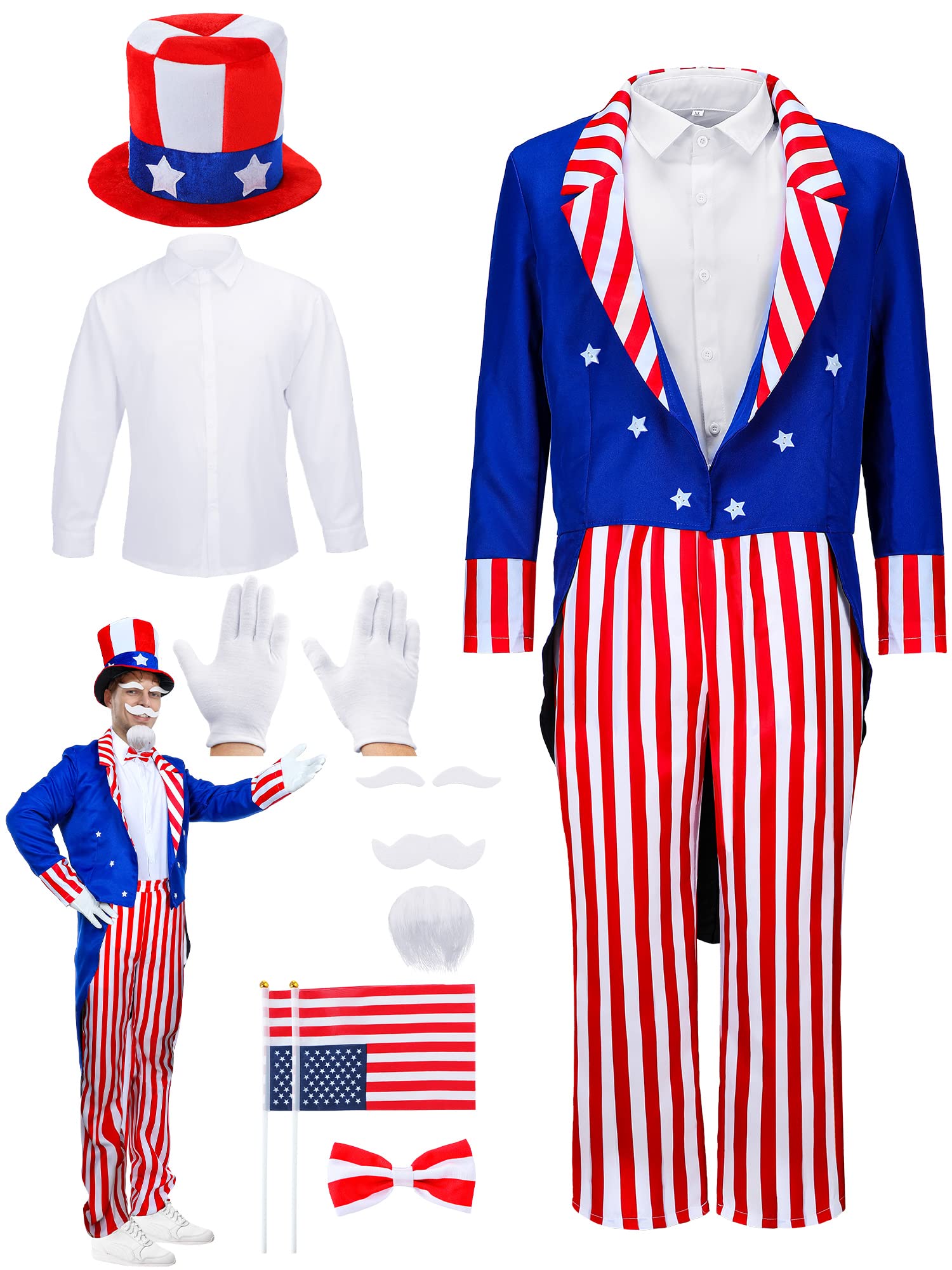 9 Pcs 4th of July Uncle Costume Set USA Patriotic Top Hat American Independence Halloween Cosplay Party