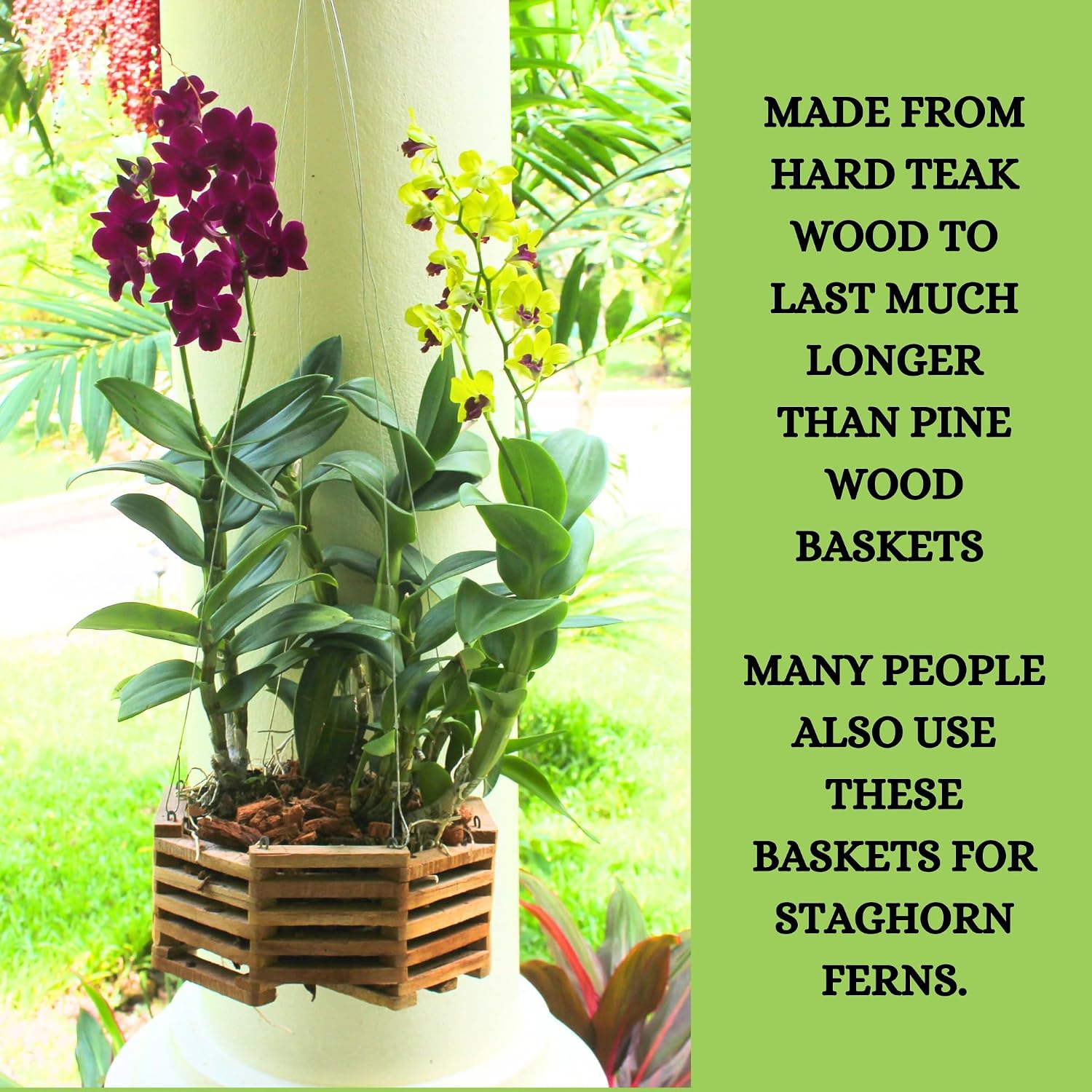 Set of 3 Strong Teak Wood Octagon Shaped Orchid Baskets for Outdoors with Hangers. Rustic Handmade Vanda Baskets, Orchid Gifts