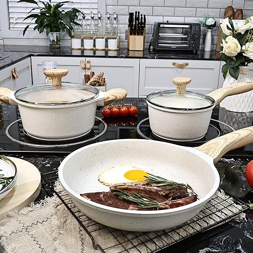 Miniatura 6 de Wodillo Juego de ollas y sartenes antiadherentes, juego de utensilios de cocina de inducción beige, sartén saludable antiadherente para saltear y