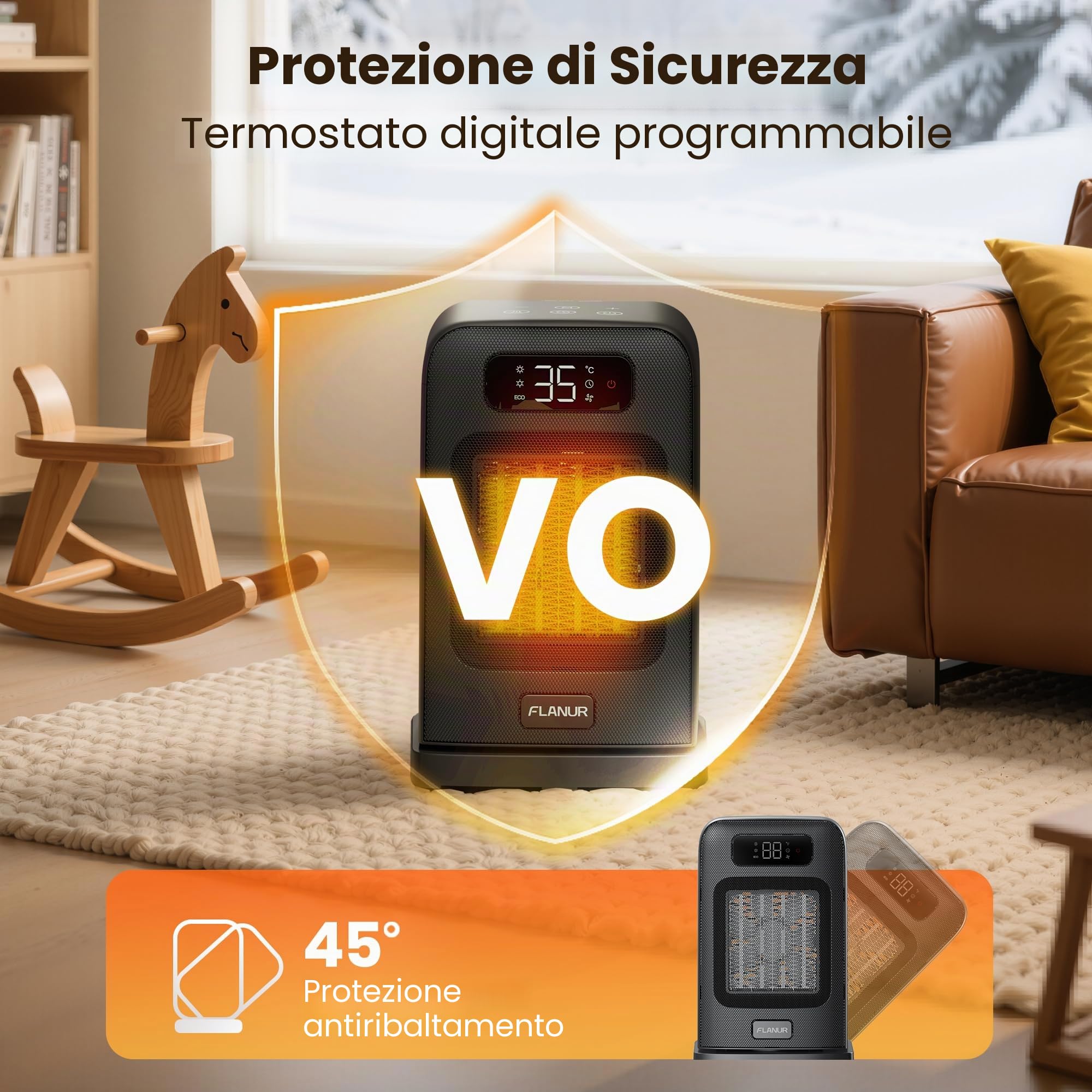 FLANUR Stufetta Elettrica Basso Consumo 1500W, Riscaldamento Portatile Ceramico PTC con Termostato,Oscillazione 70°, Timer 12H, Telecomando, 1 Pack+4 Modalità
