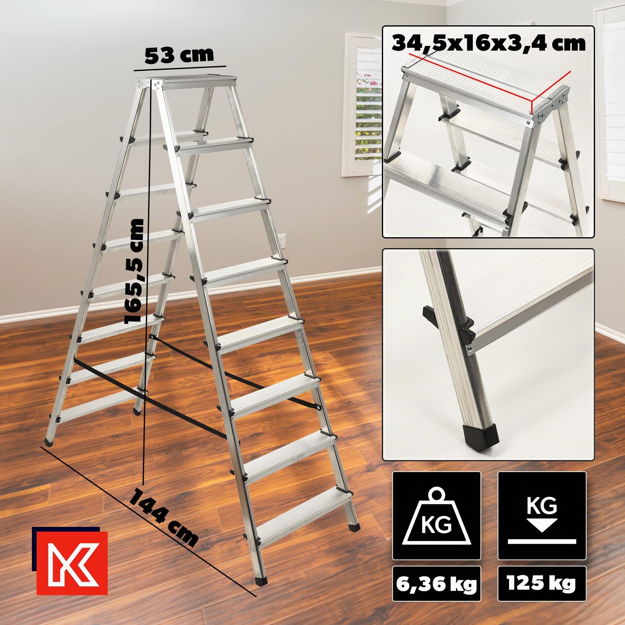 KADAX Échelle Double en Aluminium, Équipée de Marches Antidérapantes et d'une Conception Pliable Facilitant Le Stockage et Le Transport (8 Marches)