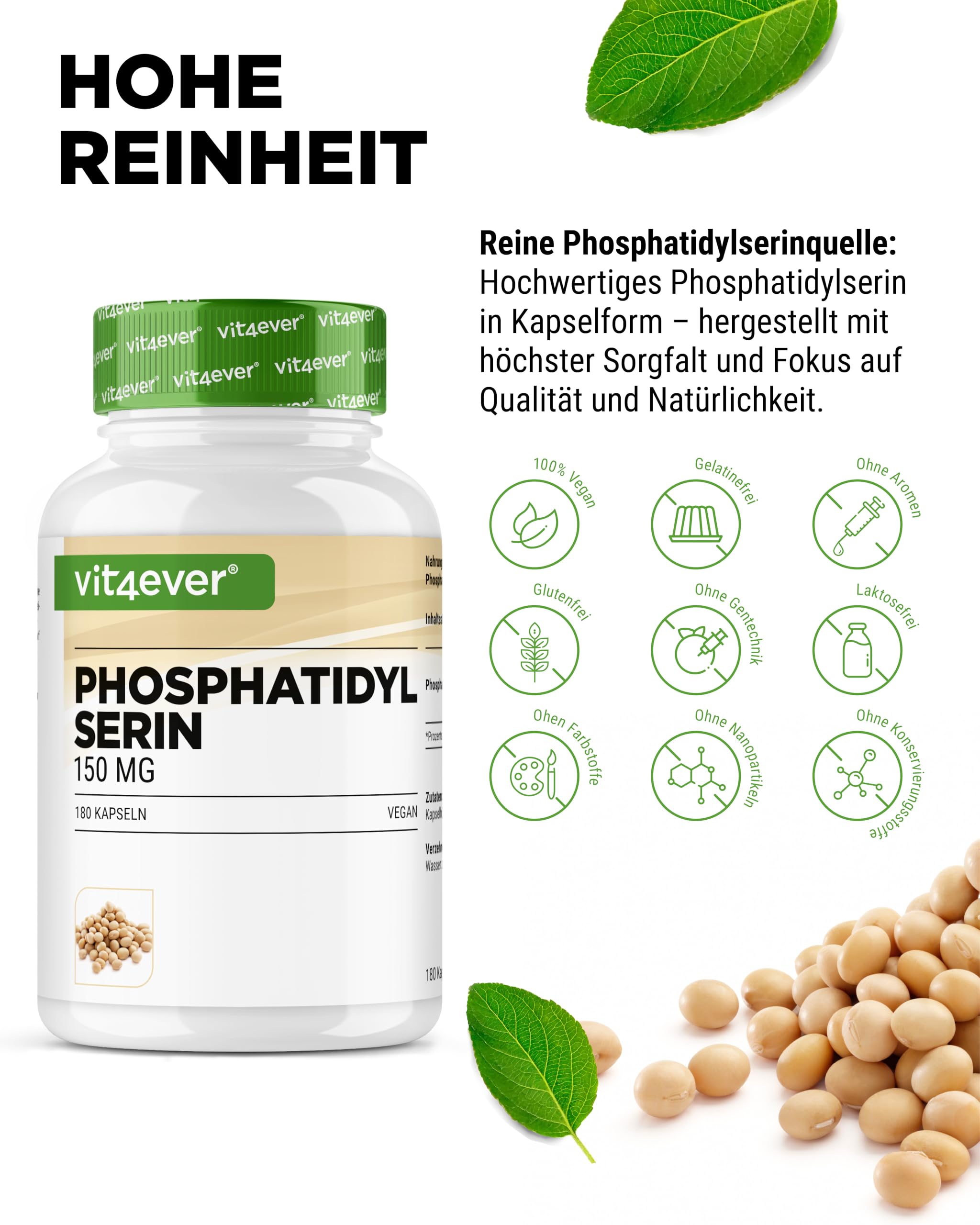 vit4ever Phosphatidylserin Kapseln - 300 mg pro Tagesportion - 180 Kapseln - Hochdosiert - PS Phospholipid - Vegan - Ohne unnötige Zusätze - Laborgeprüft