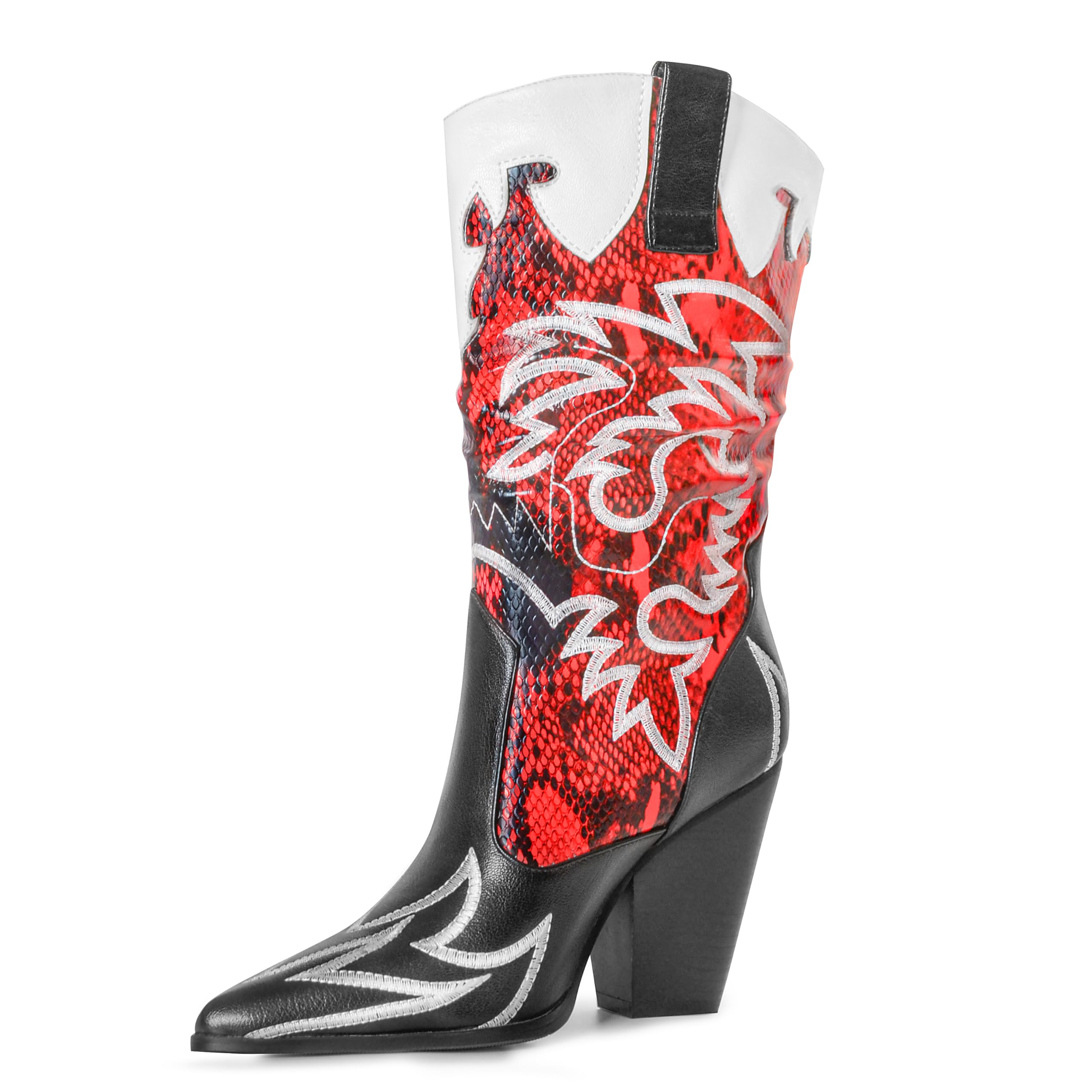 Women Cowboy Boots Mid Calf Embroidered Cowgirl Knee High Chunky Heel Western Pointed Toe