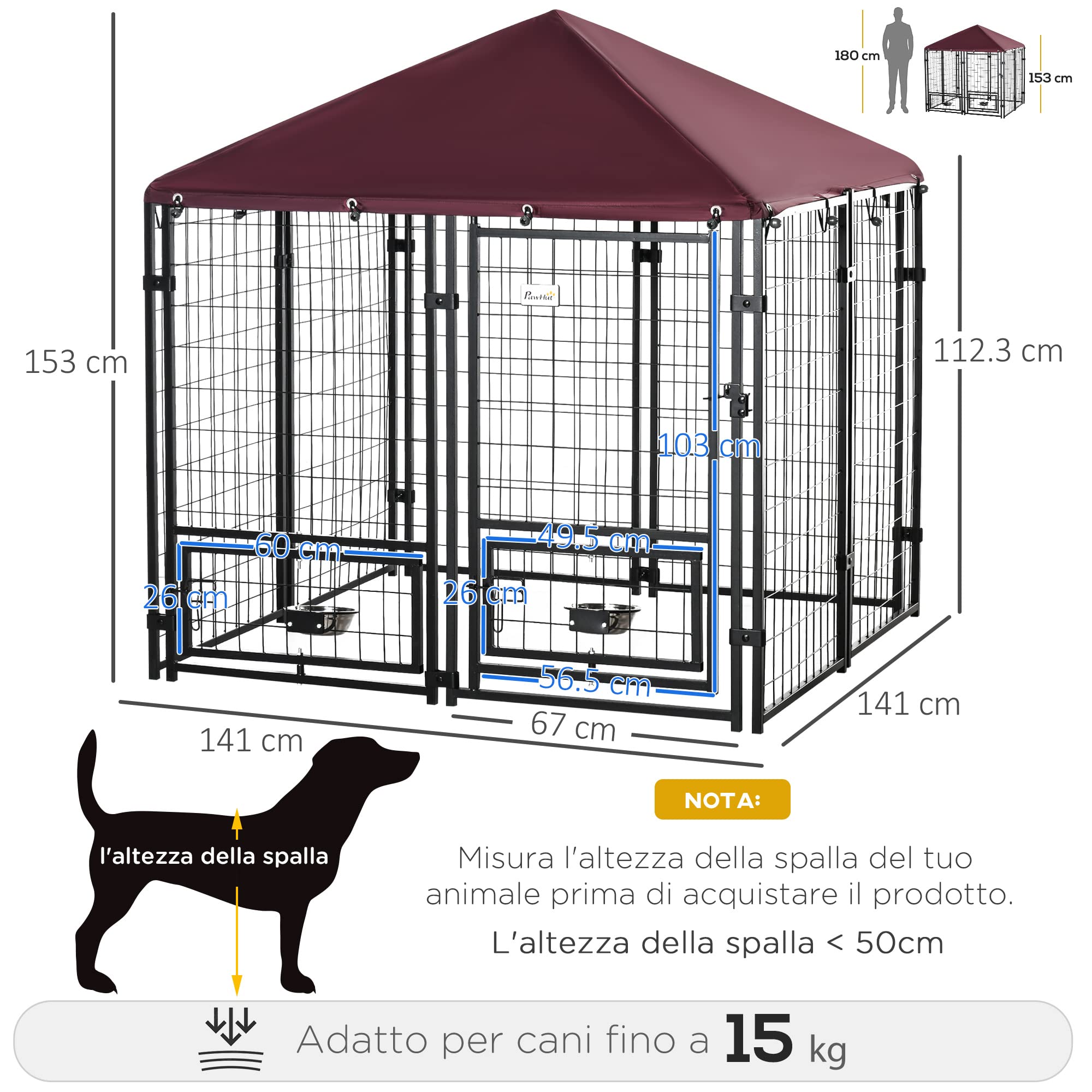 PawHut Recinto per Cani da Esterno con Serratura Kennel Nero e Rosso | Box per Animali in Acciaio, 2 Ciotole Girevoli, Copertura in Tessuto Oxford