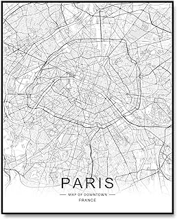Paris City Downtown Map Wall Art Paris Street Map Print Paris Map Decor City Road Art Black and White City Map Office Wall Hanging 8x10 inch No Frame