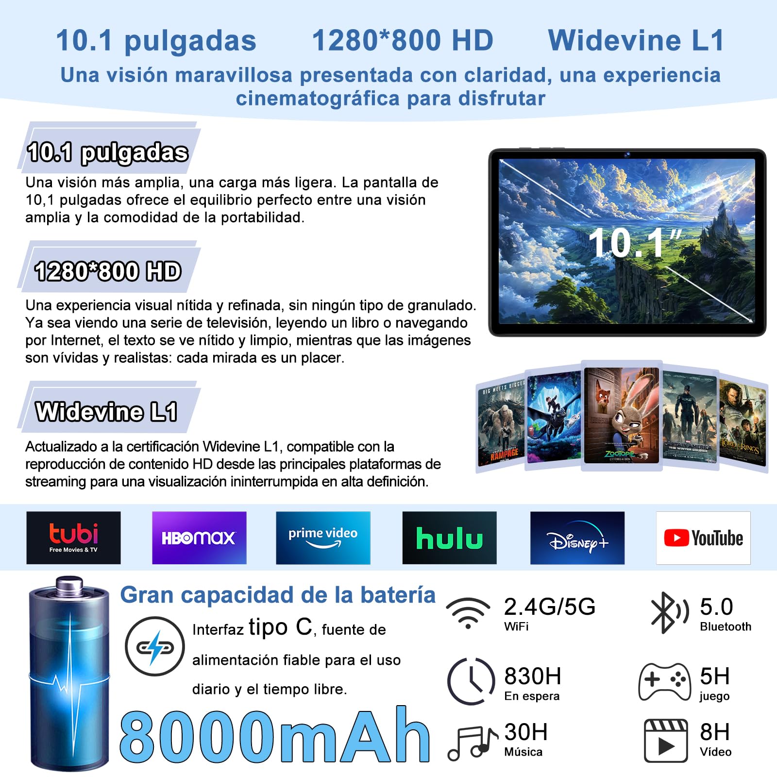 Tablet 10.1 Pulgadas Android 15 Octa-Core 2.0 GHz,30GB RAM + 128GB ROM,Gris