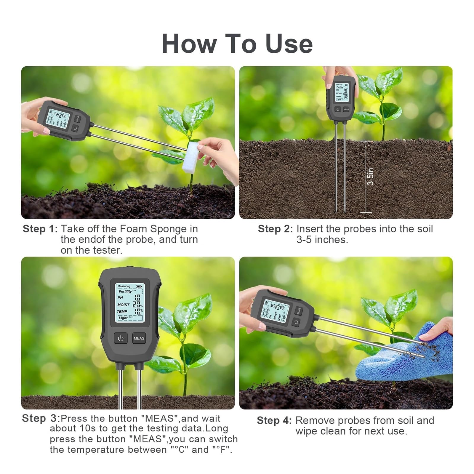 Tester del suolo 5 in 1 for PH Umidità Fertilità Temperatura Luce solare, Analizzatore analogico da giardino