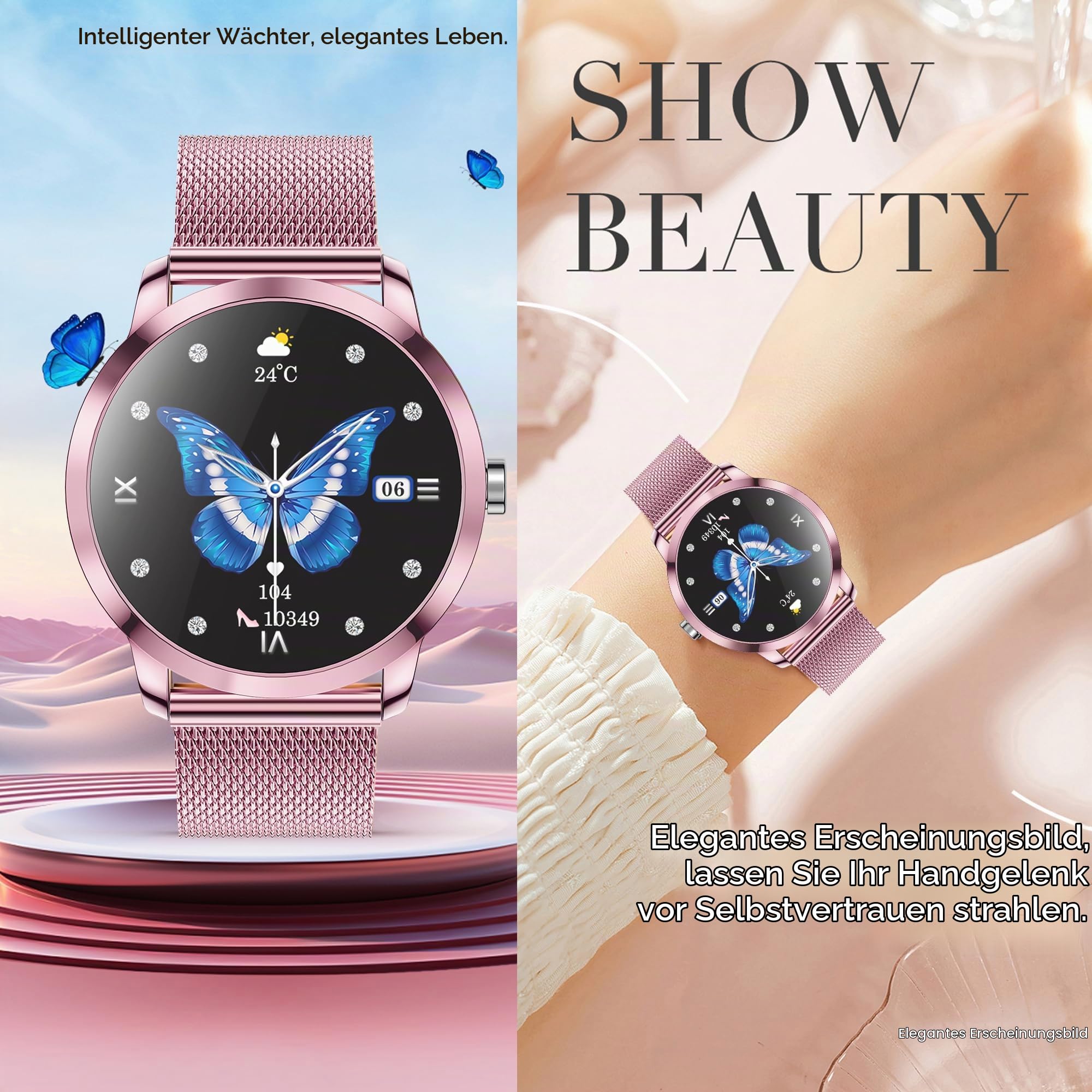 Smartwatch Damen mit Telefonfunktion, 1,09 Zoll Touchscreen Stahl Smart Watch mit 123 Sport|SpO2|Menstruationszyklus|Herzfrequenzmonitor|Schlafmonitor|Sportuhr Aktivitätstracker für Android iOS (Rosa)
