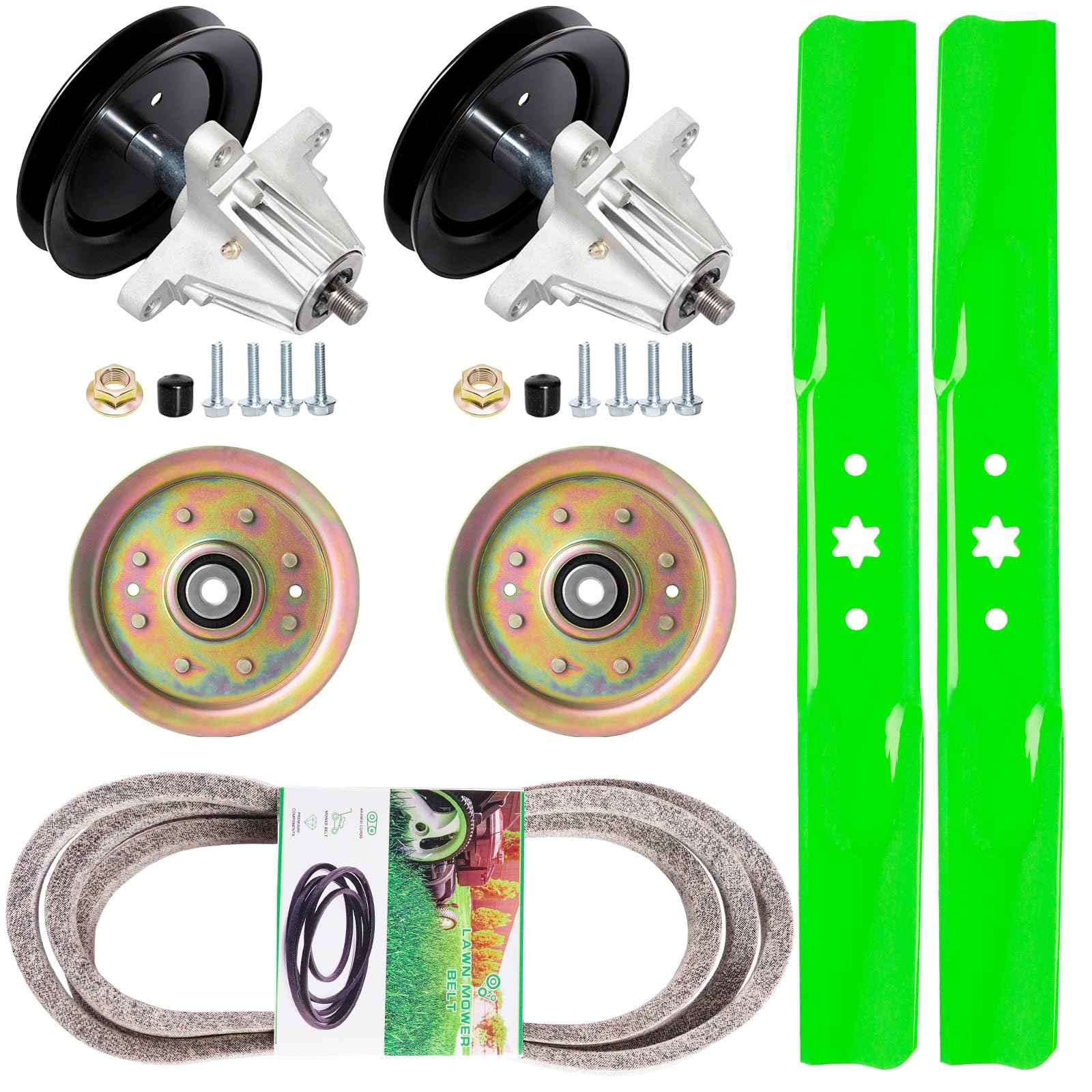 Kit de reconstrucción de cubierta de cortacésped compatible con Sears Craftsman modelo LT2000 de 42 pulgadas, incluye (2) husillos 918-04822 (2) poleas tensoras planas 756-04129 (2) cuchillas