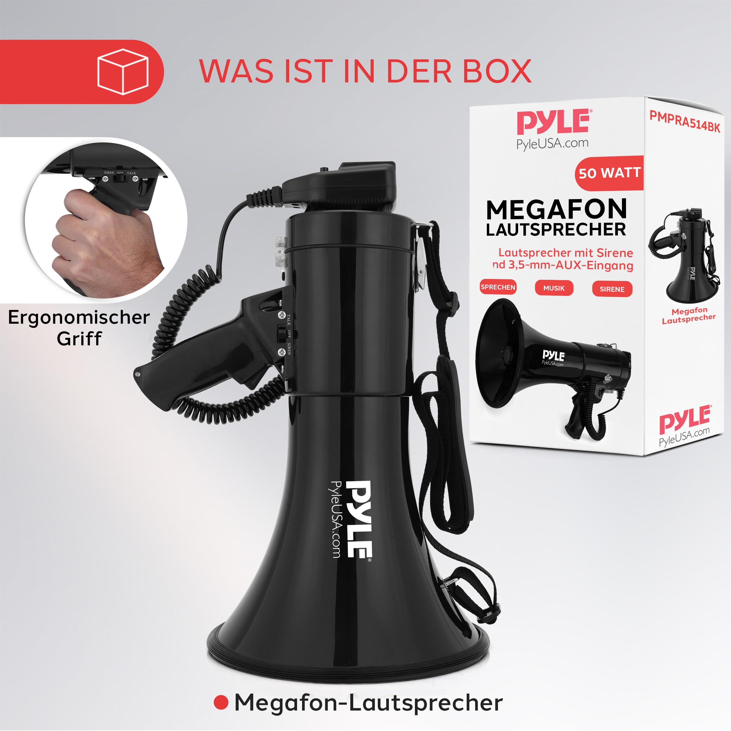 Pyle Megaphon mit Sirene & Mikrofon – 50W Lautsprecher, Aux-Eingang, tragbar, Ideal für Anfeuerung & Outdoor-Einsatz, ergonomisch & robust, mit MP3-Wiedergabe