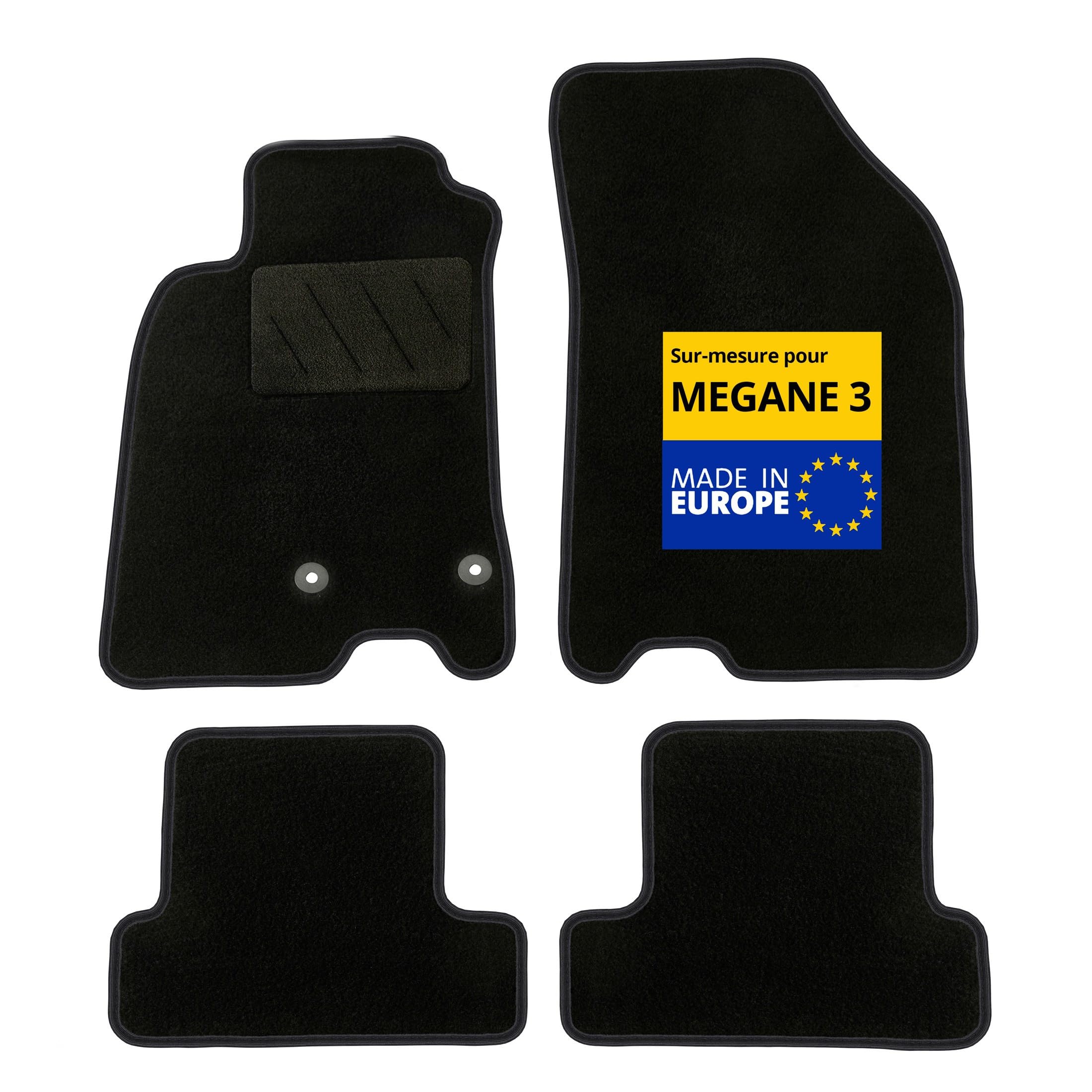DBS – Tapis de Voiture - sur Mesure pour Renault Megane 3 (11/2008-01/2016) – Antidérapants avec Clips de Fixation – 4 Tapis Auto Avant/arrière – Moquette Noire