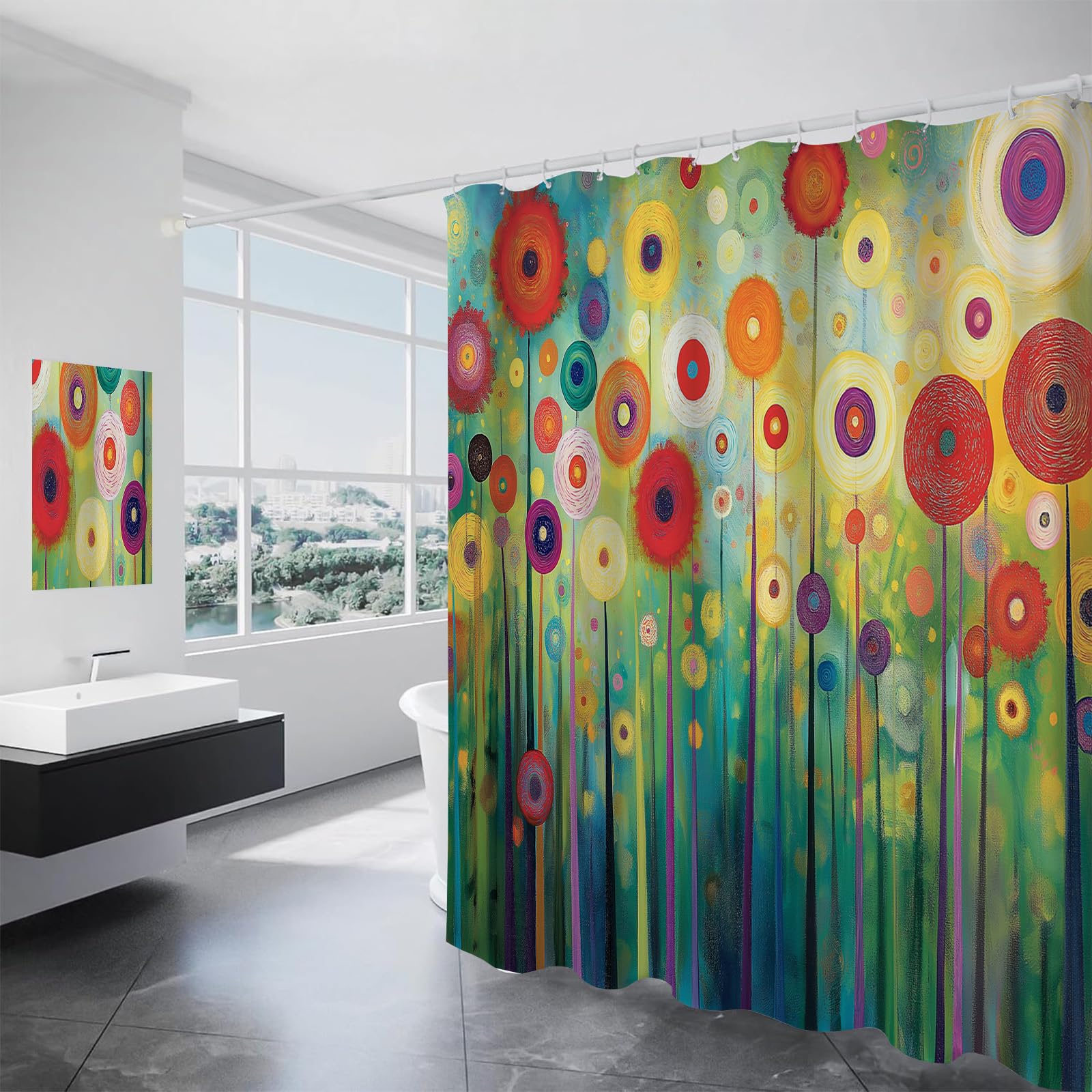 Rideau douche salle bain à motifs cercles pour créer un espace bien-être coloré
