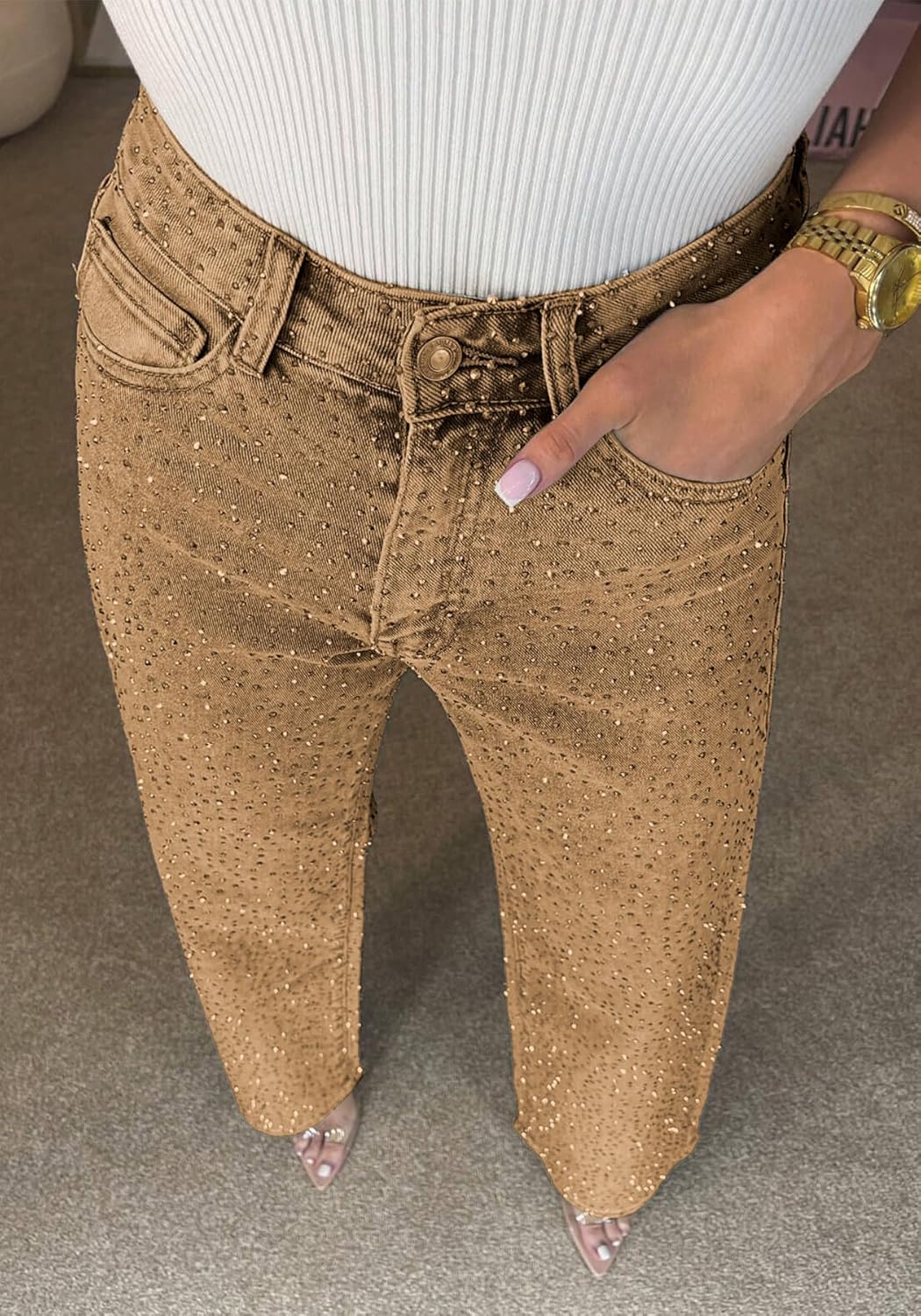 Unybwonn Straight Leg Jeans Rhinestone High Waisted Pearl Boyfried Denim Pants Sparkly Bling Glitter Bedazzled Jeans - Image 6