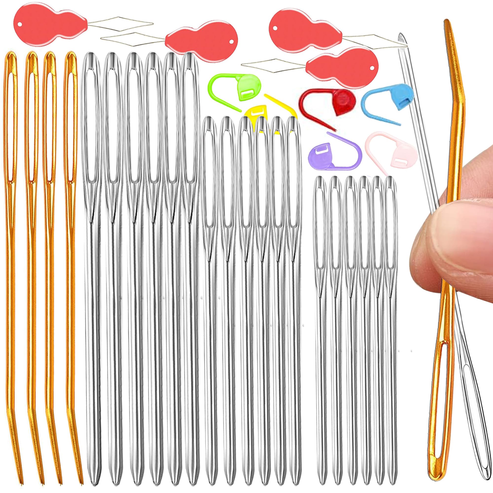 pikdmin 32 pcs Large Eye Sewing Needles Kit, Stainless Steel Large-Eye Blunt Needles &amp; Bent Tapestry Needles for Tapestry,Sewing Wool,Weaving （ Crochet Locking Stitch Random Color）