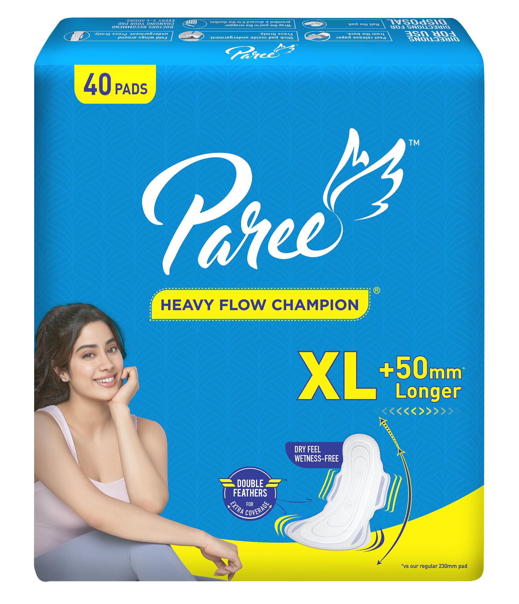 Paree Dry Comfort XL 40 Pads | Wider Back for Extra Coverage |Quick Absorption | Mild Fragrance|Heavy Flow Sanitary Pads for Women