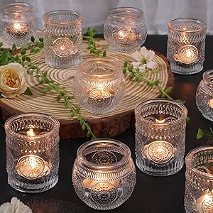 12pcs Clear Assorted Votive Candle Holders for Table Centerpieces, Glass Tea Lights Candle Holder for Wedding Decorations, Vintage Boho Home Tea Party Decor, Sunflower Decorations