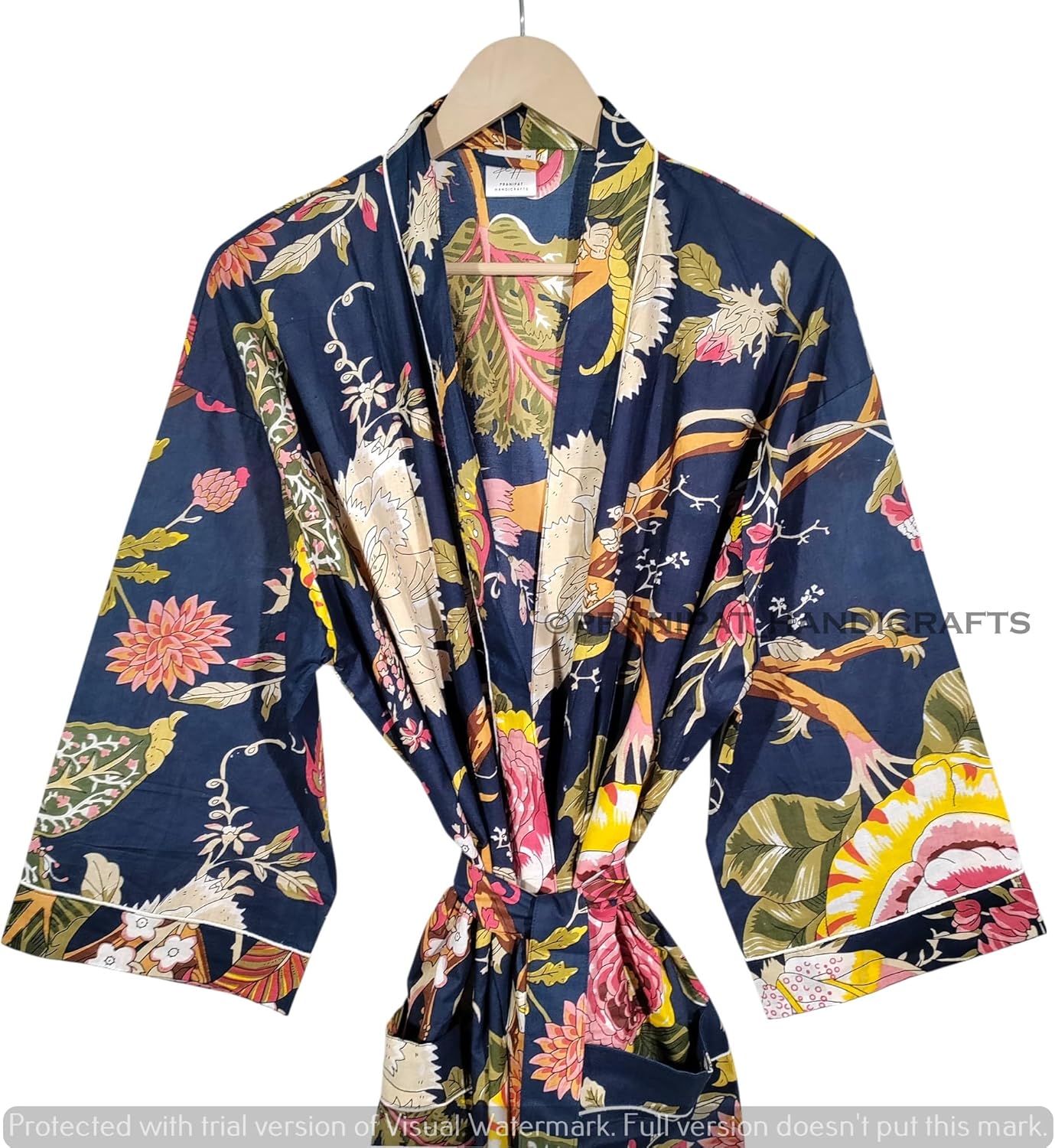 Women Cotton Kimono Robe, Navy Blue Floral Print, Lightweight, Sleepwear, Long Beach Cover Up, Plus Size, One Size - Image 5