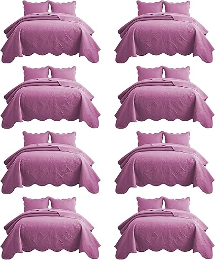 IR Imperial Rooms 8 Pack Quilt King Size Bedding (106" x 96") - Bulk Wholesale for Hotels, Guest Bedroom & Airbnbs - Lightweight Microfiber Reversible Floral Embossed Quilts Bedspreads (Purple)