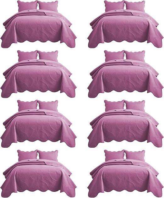 IR Imperial Rooms 8 Pack Quilt King Size Bedding (106" x 96") - Bulk Wholesale for Hotels, Guest Bedroom & Airbnbs - Lightweight Microfiber Reversible Floral Embossed Quilts Bedspreads (Purple)
