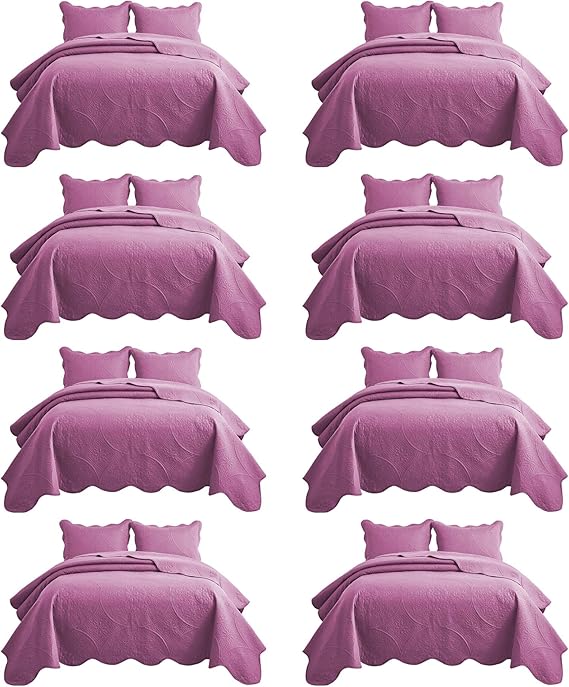 IR Imperial Rooms 8 Pack Quilt King Size Bedding (106" x 96") - Bulk Wholesale for Hotels, Guest Bedroom & Airbnbs - Lightweight Microfiber Reversible Floral Embossed Quilts Bedspreads (Purple)
