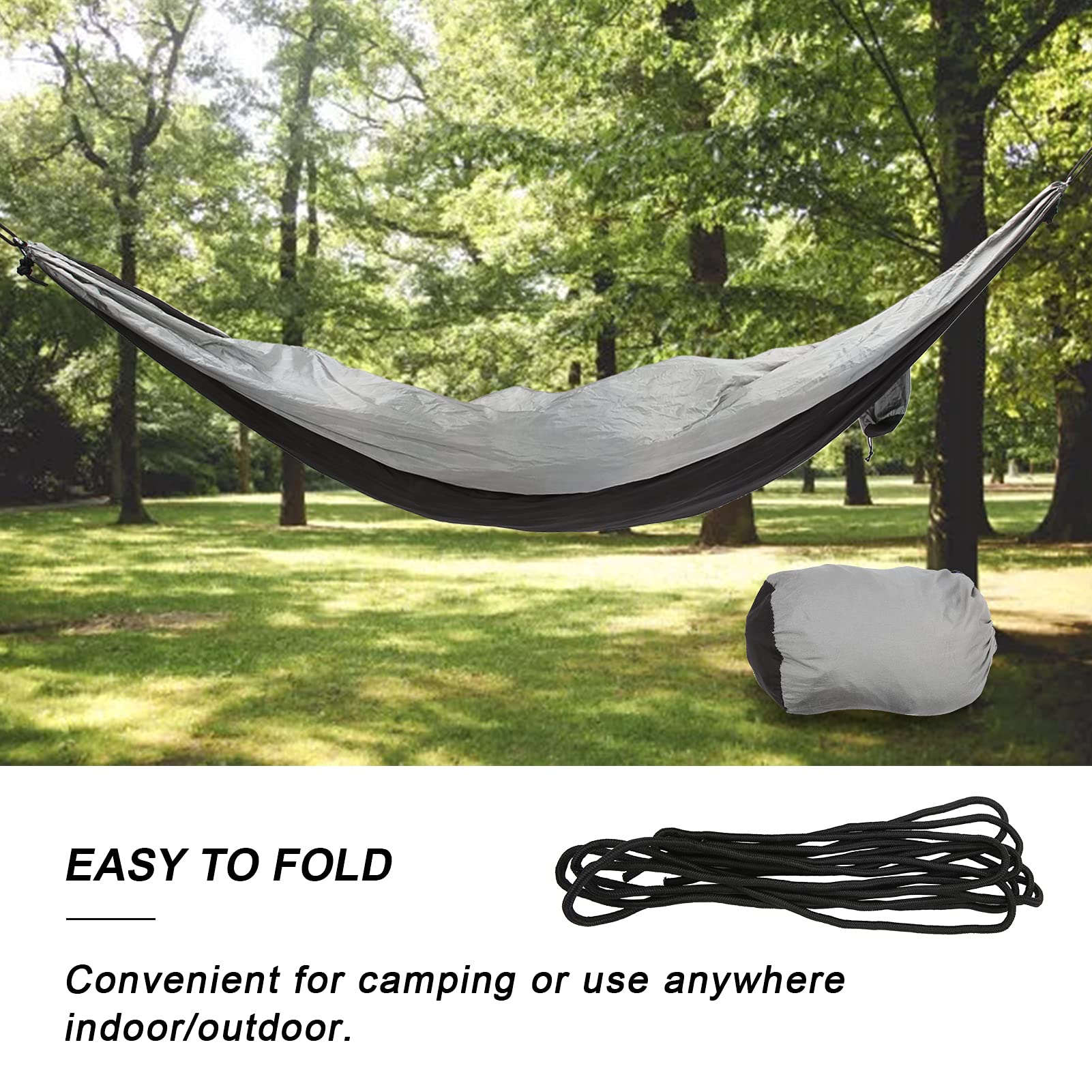 BORDSTRACT Portable Camping Hammock, Black Outdoors Swing Chair Tear Resistant Fabric Bed with Tree Strap, High Strength Storage Hammock for Relaxation(260x140cm)