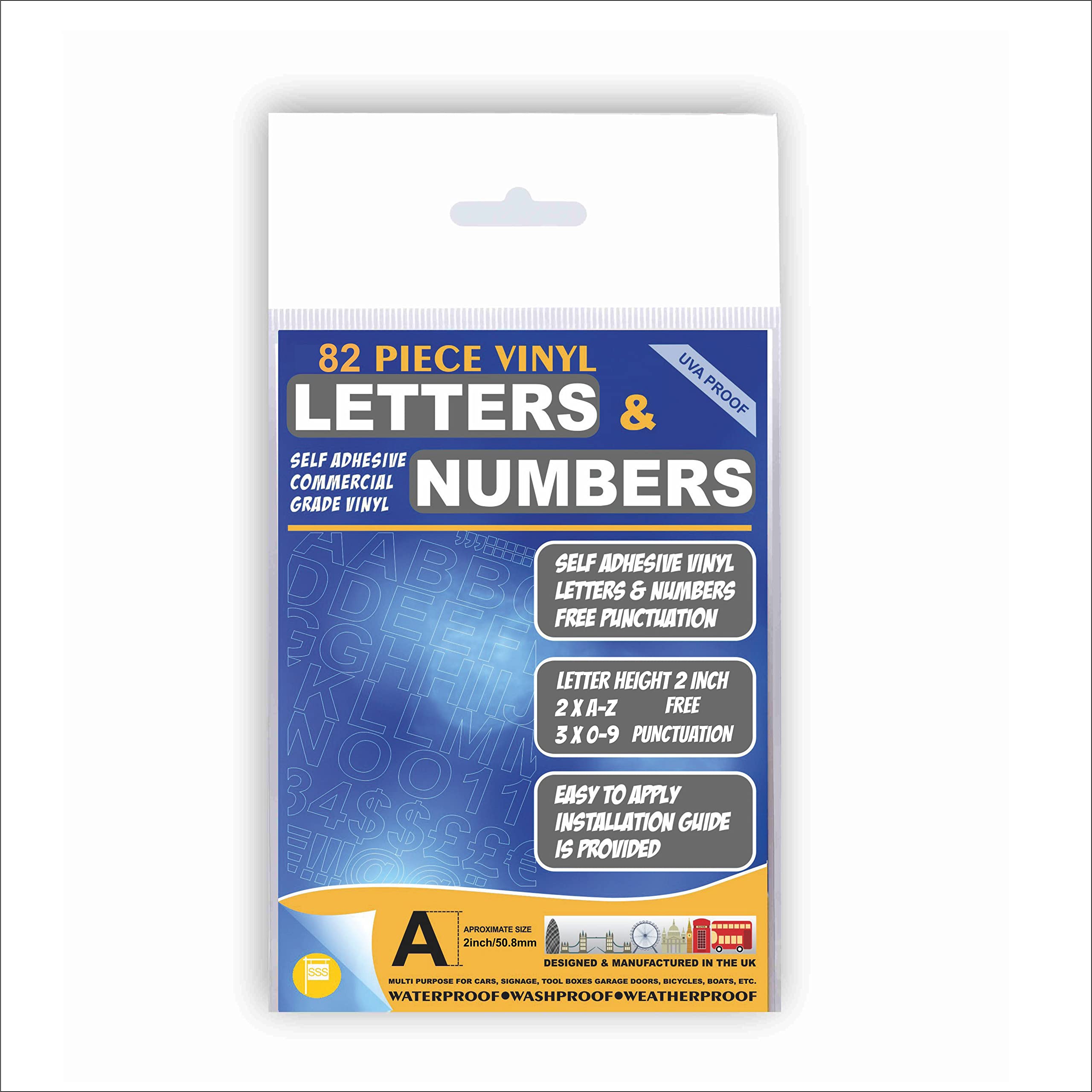 Professional Pack of 82 pcs X 2"(50mm) FONT RAVIE Self Adhesive BLACK Letters & Numbers Stickers Free Punctuation Washproof Large Lettering Signwriting Water Proof Any Project