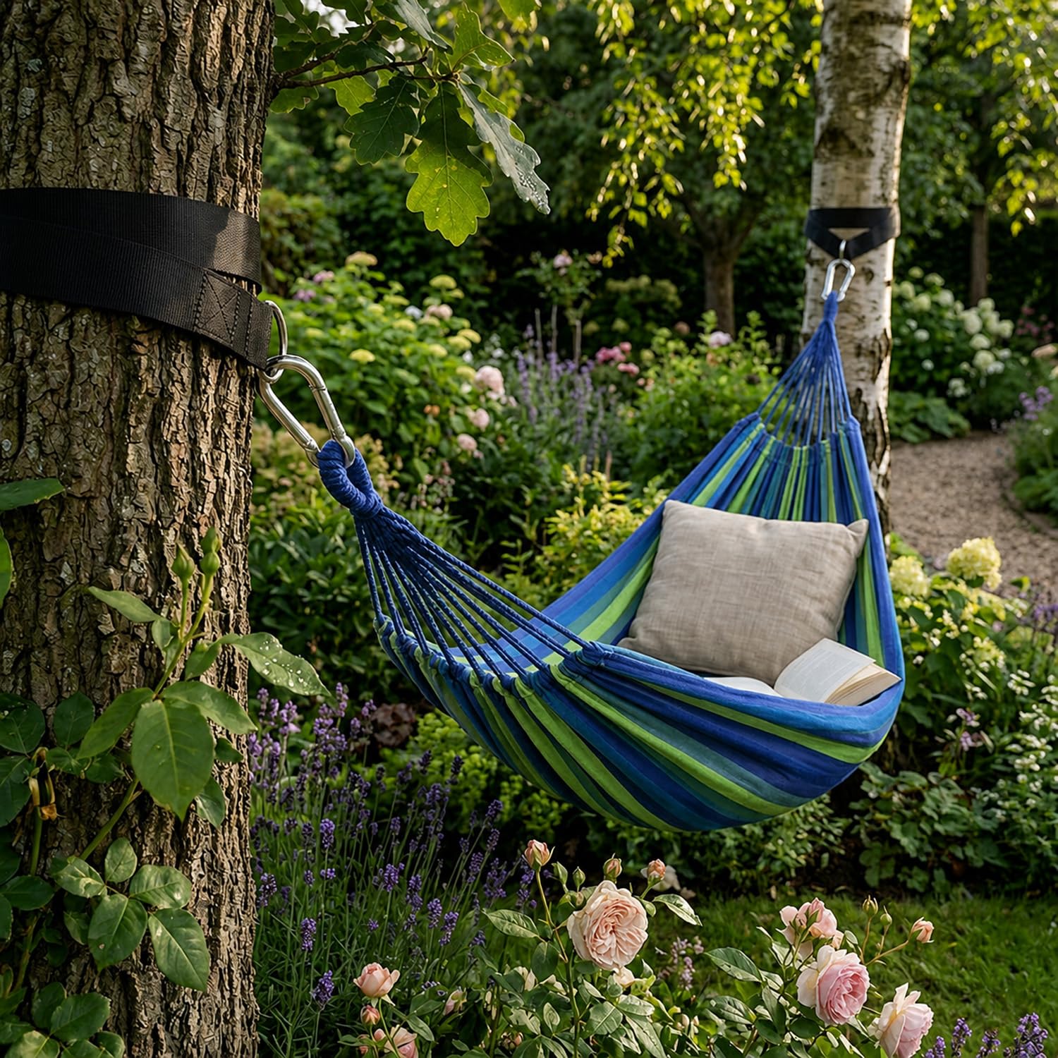 Amaca Da Campeggio E Giardino Con Sacca Trasporto Cinghie E Moschettoni Inclusi Struttura Anti Ribaltamento Cotone Resistente Portata 300 Kg 210 x 150 Cm Blu