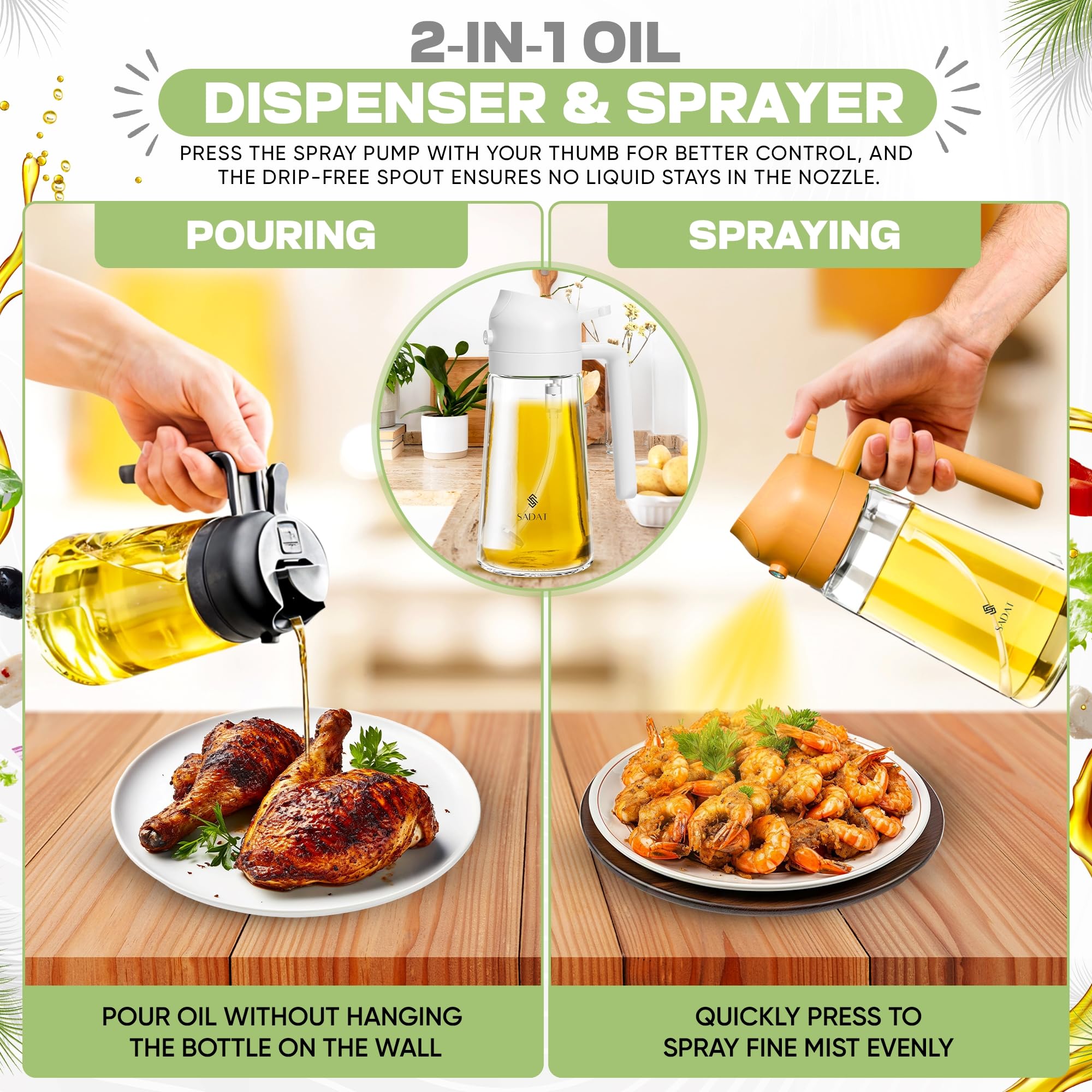 SADAT Pulverizador de aceite, botella de vidrio de 16 onzas para cocinar, dispensador de aceite sin aerosol para freidora de aire, barbacoa, parrilla y ensalada con parte superior de acero inoxidable