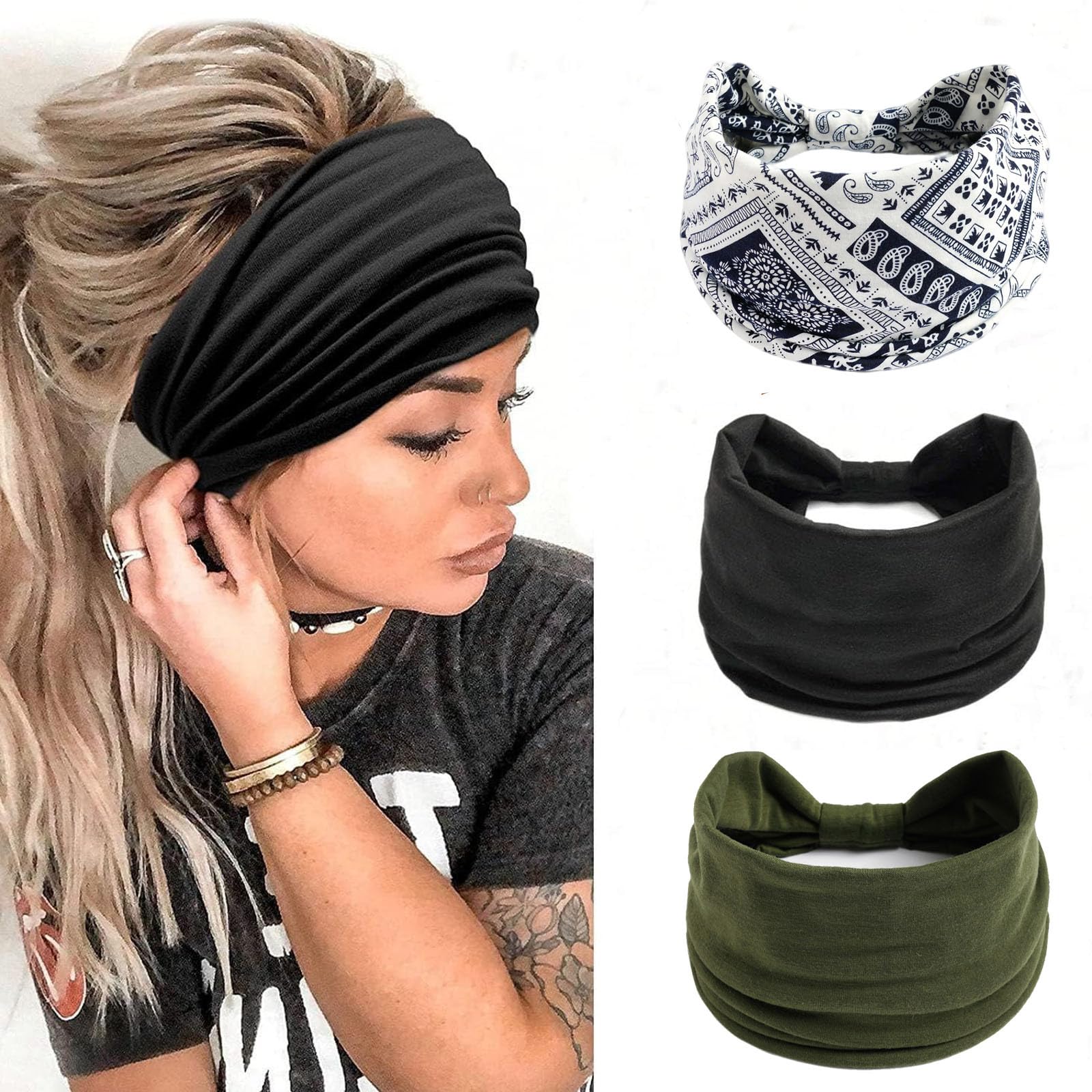 Stirnbänder Damen Frauen Breites Haarband Boho Blumendruck Knot Elastische Lauf Yoga Kopfwickel Haarbänder (3 Farbe)