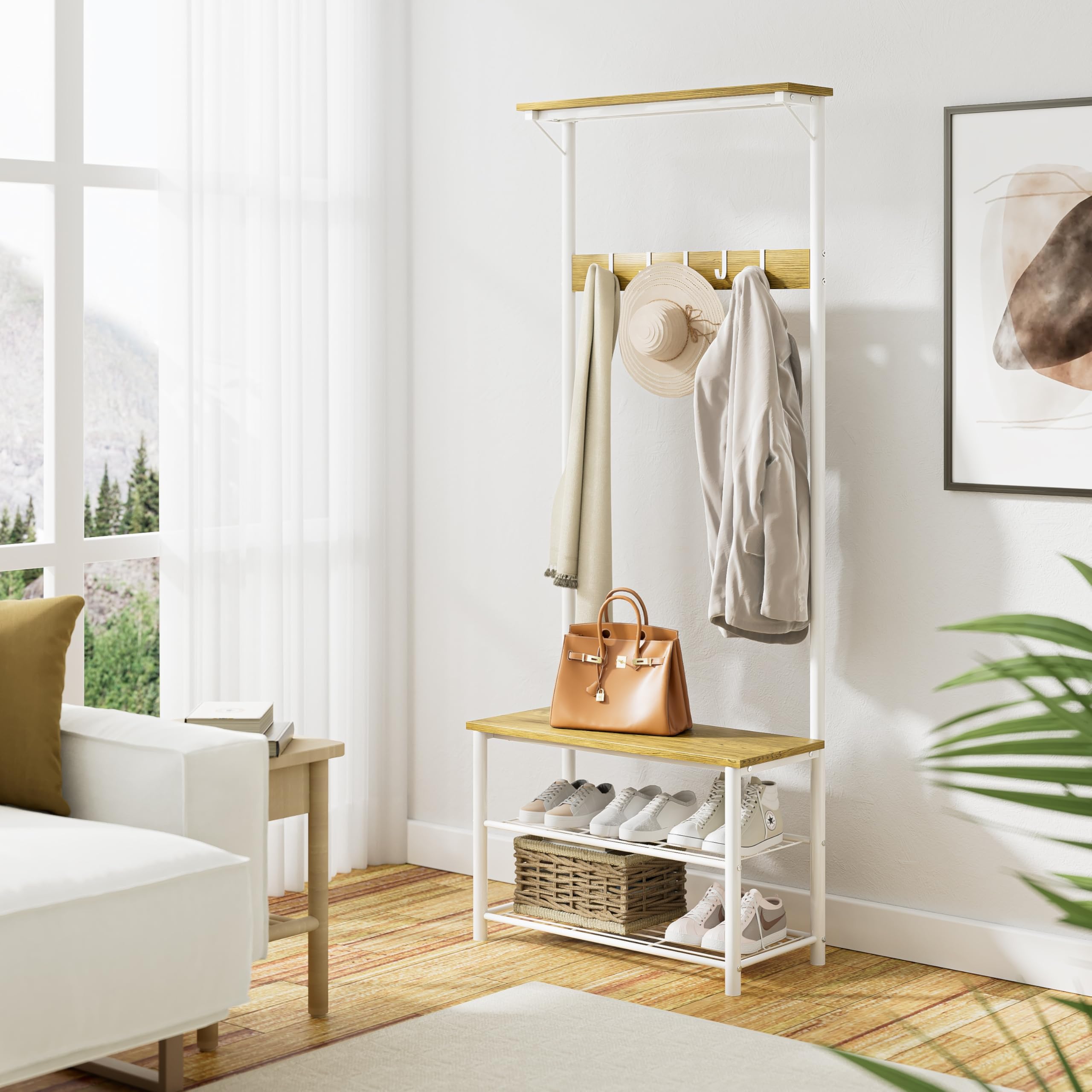 HEYZOEY Perchero de madera con asiento y zapatero, estante de 3 niveles y 4 ganchos extraíbles, blanco (parte superior)