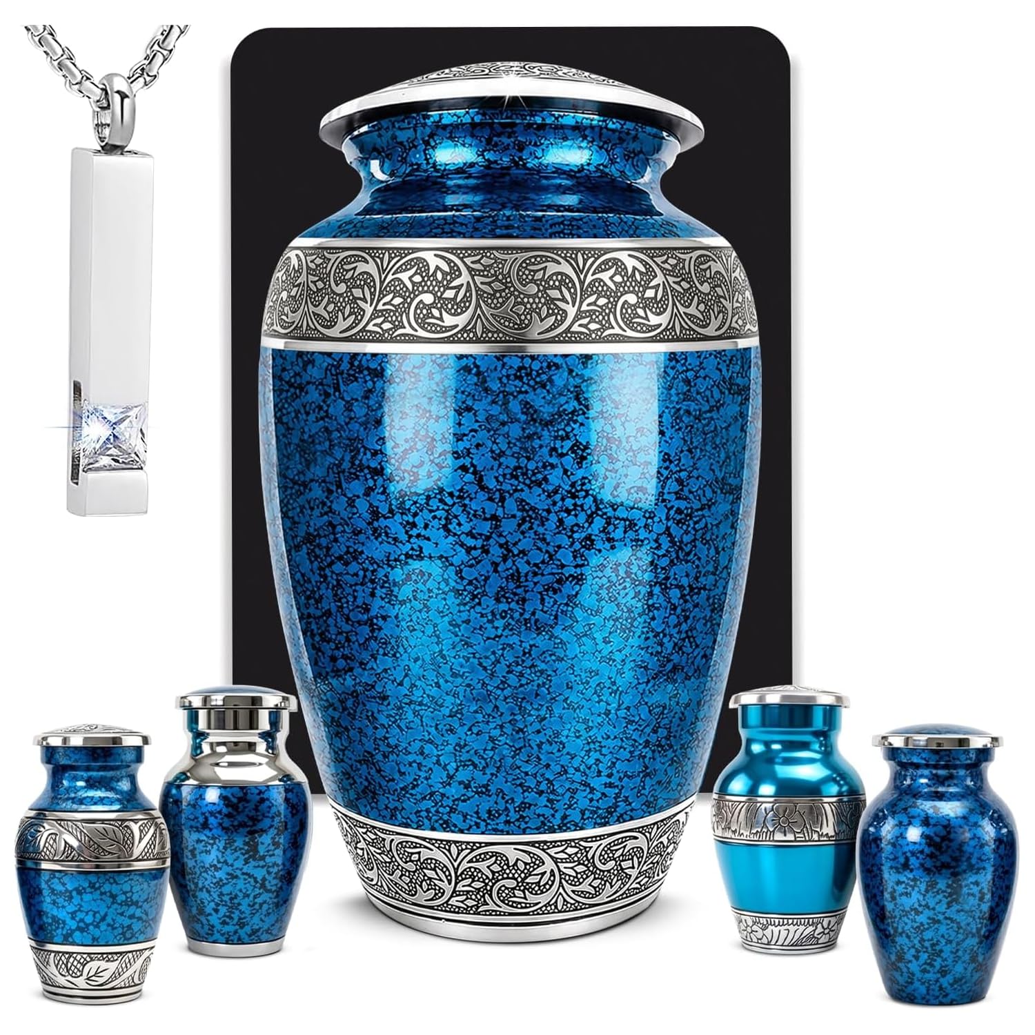 Set of 6 Blue Urns for Human Ashes Adult – Includes 1 Large Hand-Engraved Adult Urn + 4 Keepsake Urns and 1 Memorial Necklace