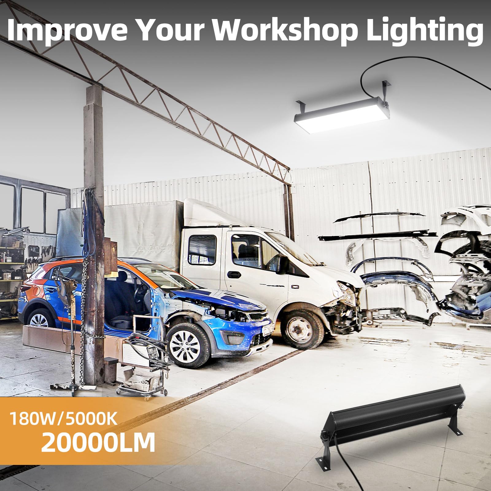 180W LED Shop Lights with 10FT Cord Swtich Aluminum 20000LM Ultra-Bright Garage Light 5000K Daylight IP66 Waterproof Bay — view 5