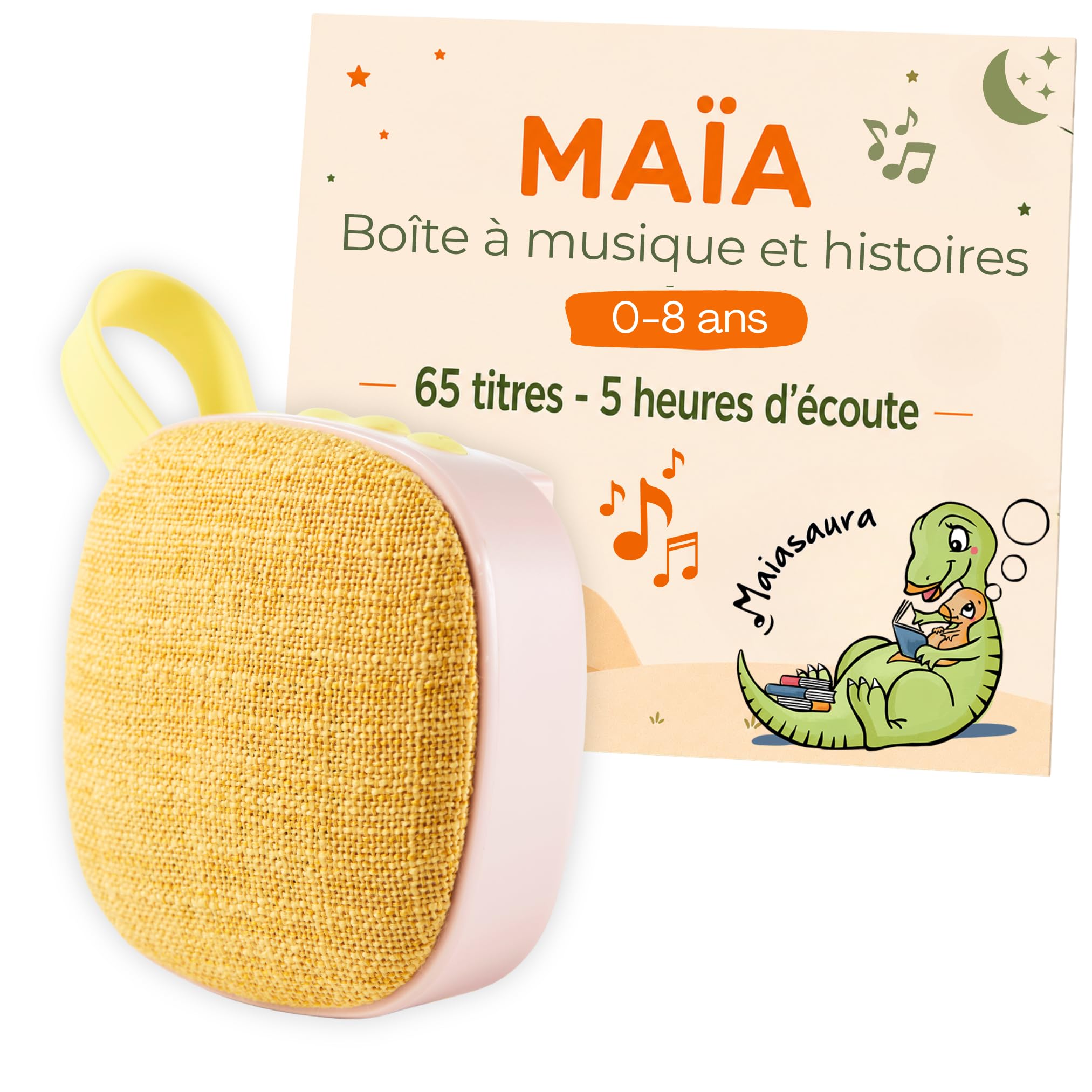 MAIASAURA - Caja de historias y música para niños con 65 títulos incluidos | 5 horas de contenido, graba su voz y contenido MP3, 10 horas de autonomía, sin ondas y sin pantallas, ligero
