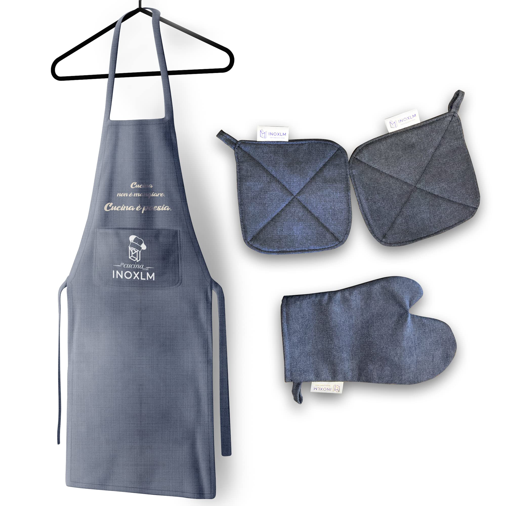 INOXLM Tablier de cuisine | Tablier homme | Tablier femme | Tablier de cuisine | Tablier de cuisine | Tablier hydrofuge | Gant de cuisine | Manique de cuisine | (Tablier + 2 maniques + 1 gant)
