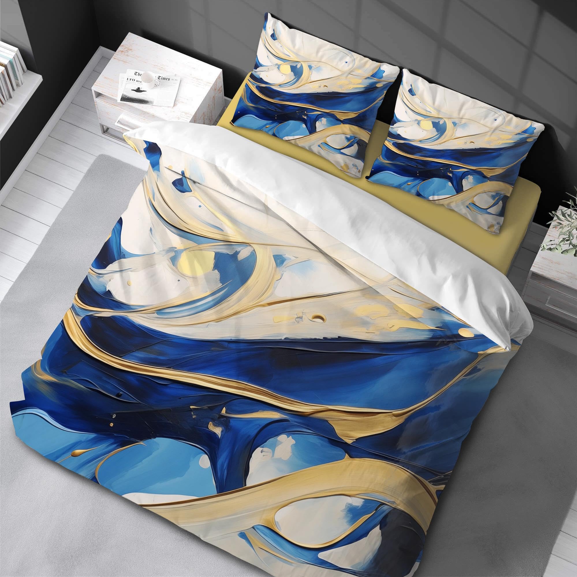 Linge de lit marbre bleu et or d'une douceur absolue pour une chambre d'exception