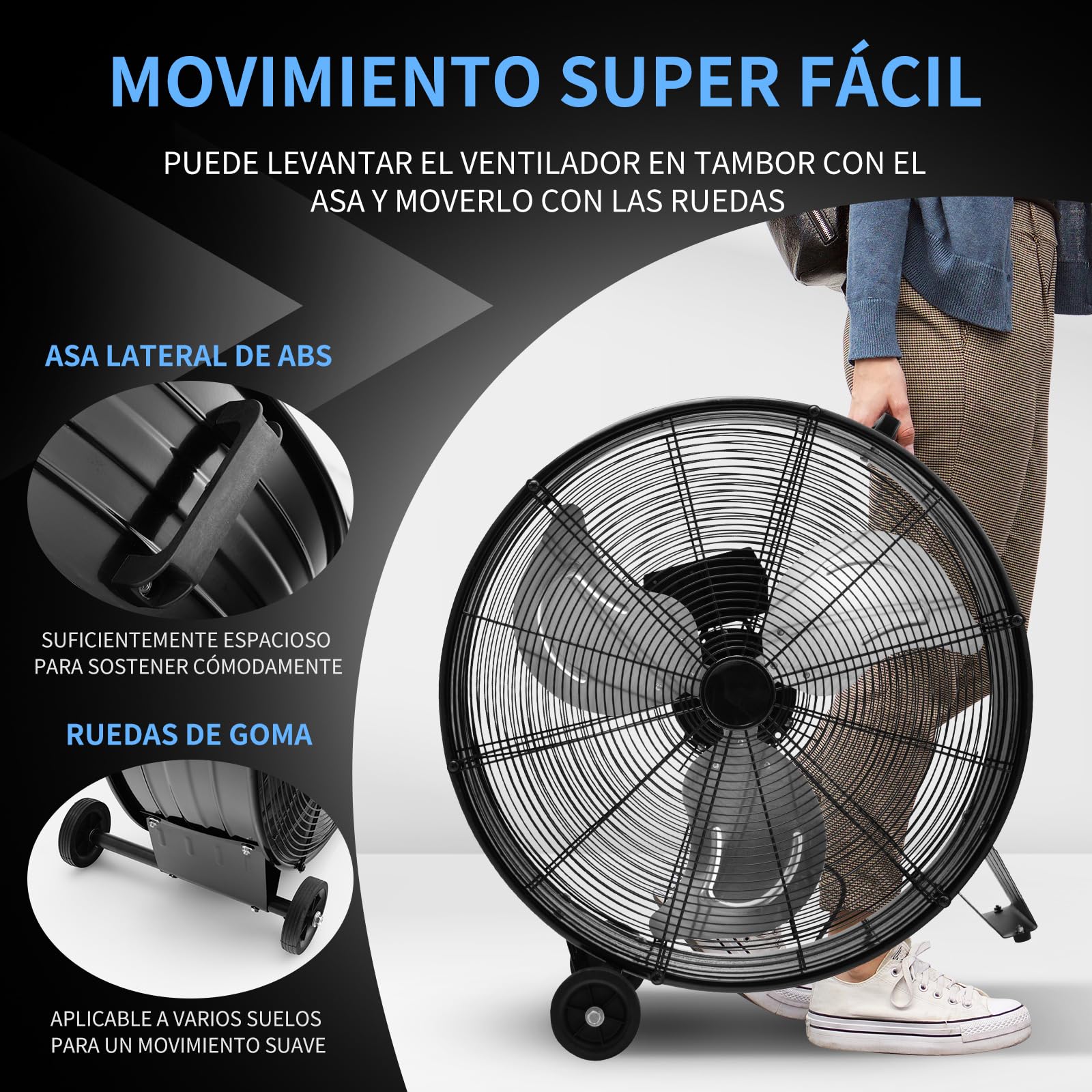 COSTWAY Ventilador Industrial de 180W, Ø65cm Ventilador de Tambor con Asa Lateral, 2 Ruedas, Soporte Antideslizante, 3 Velocidades, 3 Aspas Metálicas, Potente de Aluminio para Garaje y Almacén (Negro)