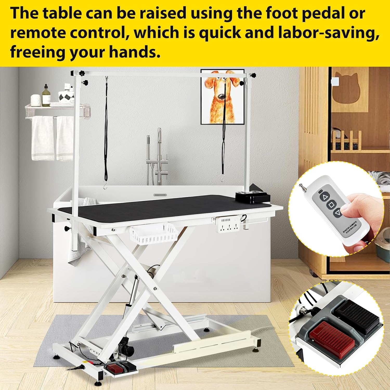 50" Electric Dog Grooming Table for Home, Heavy Duty Height Adjustable Pet Wash Station with Arm, Portable Non-Slip Tabletop, Tool Organizer & USB Outlet, Supports 300lbs for All Pets