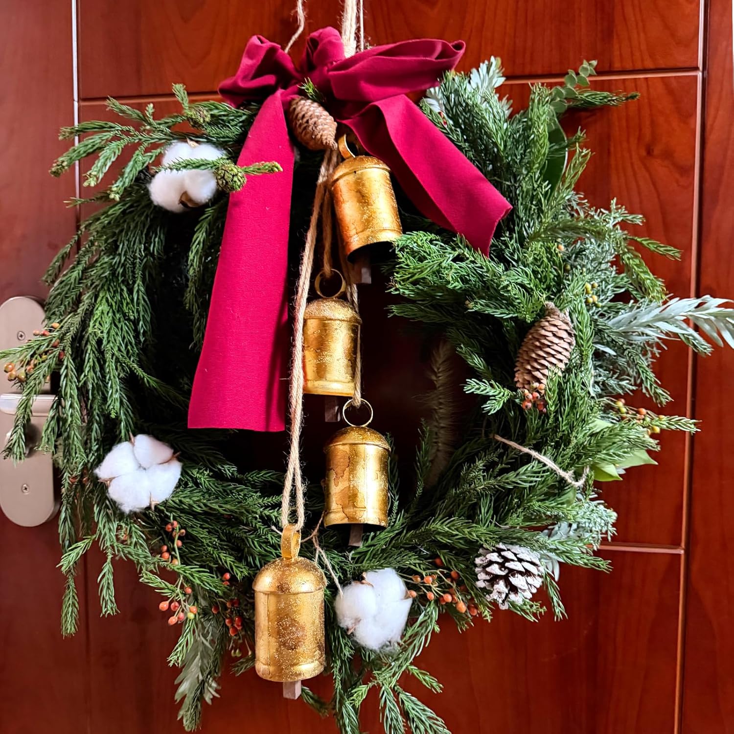 1 Christmas Rustic Metal Hanging Cow Bells, 4 Harmony Wind Chimes Xmas Iron Vintage Bells with Rope for Christmas Tree Wall, Wreath, Fireplace, Mantles, Stair Handrails Decor - Image 3