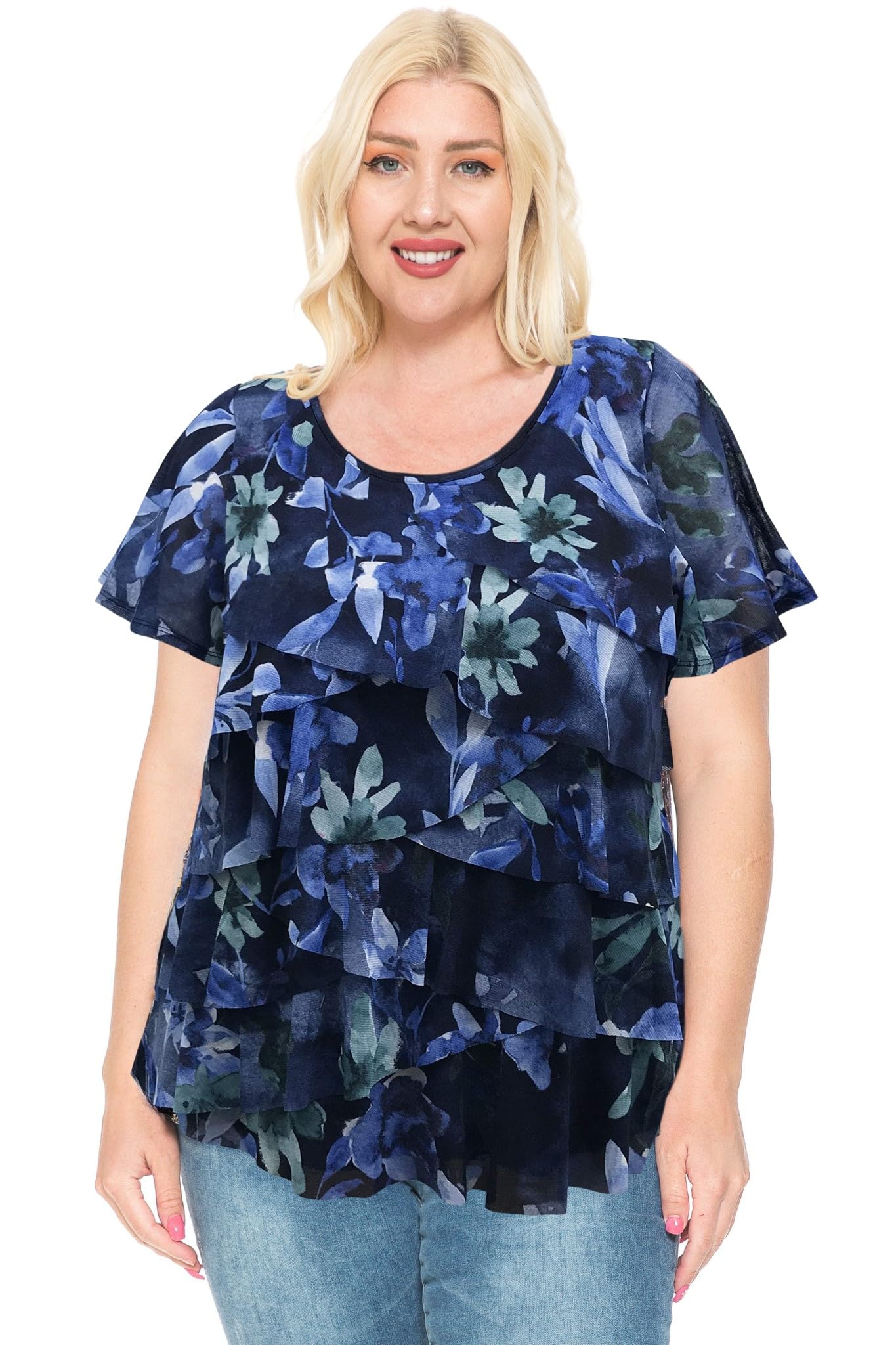 LEEBE Women and Plus Size Printed Mesh Ruffle Top (Small-5X)